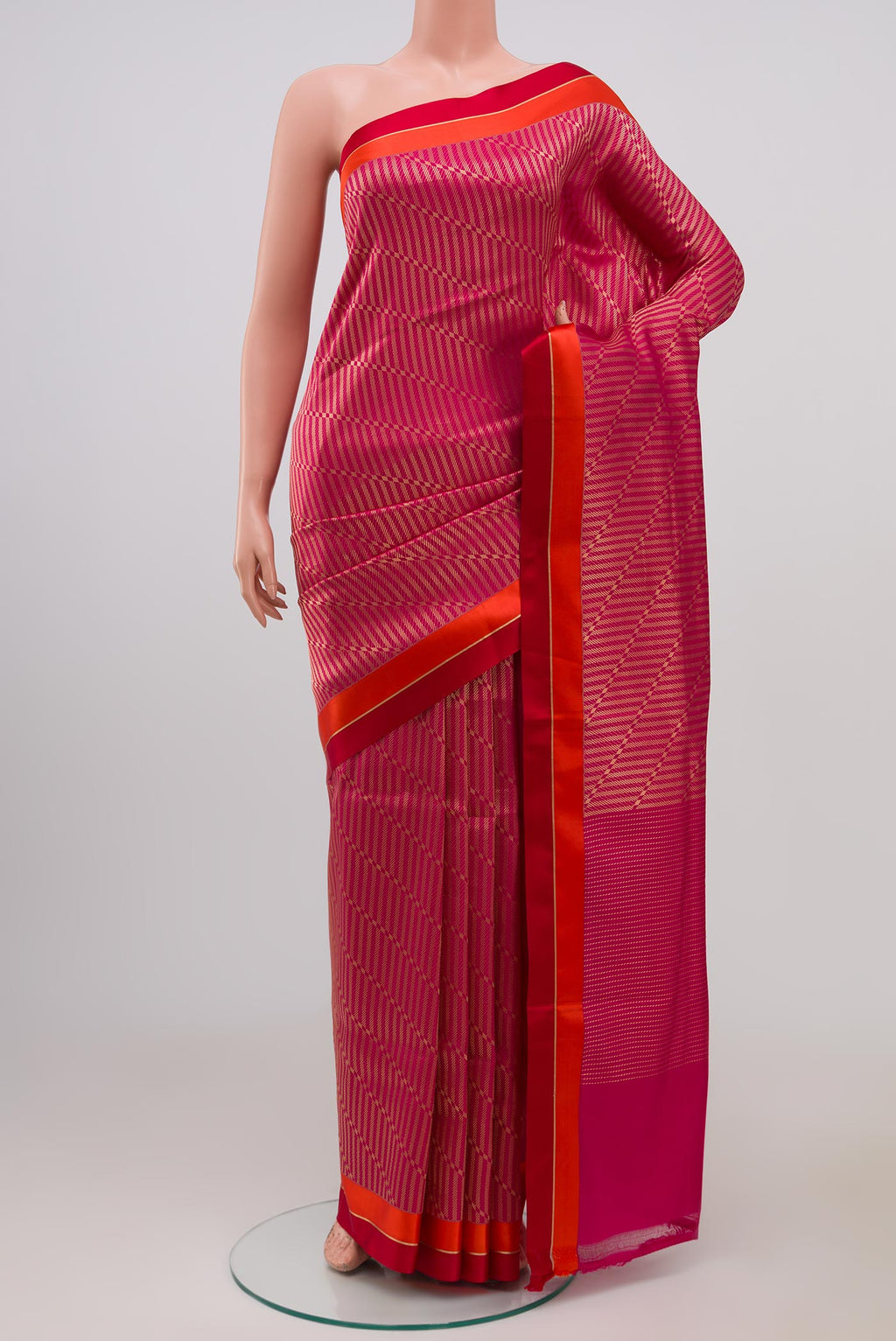 Pink Banarasi Silk Saree with Zari Brocade on the body and Thin Zari Line.  displayed on a mannequin