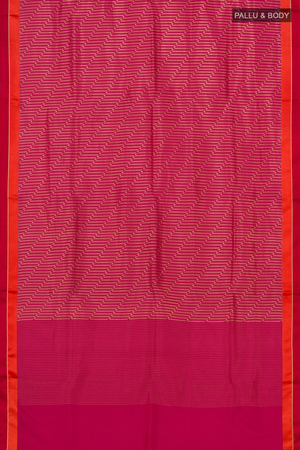 Flat view of Pink Banarasi Silk Saree with Zari Brocade on the body and Thin Zari Line. 