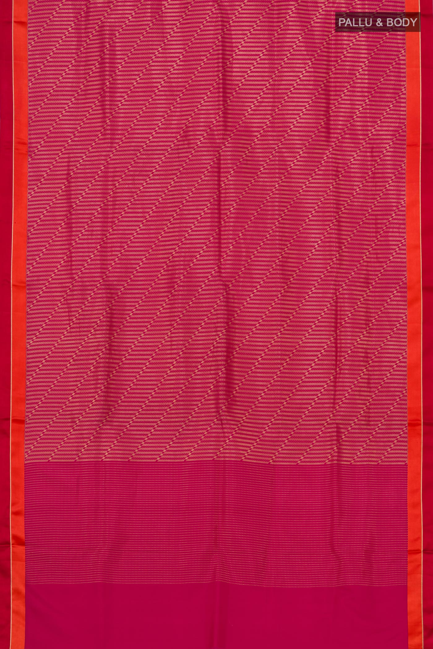 Flat view of Pink Banarasi Silk Saree with Zari Brocade on the body and Thin Zari Line. 