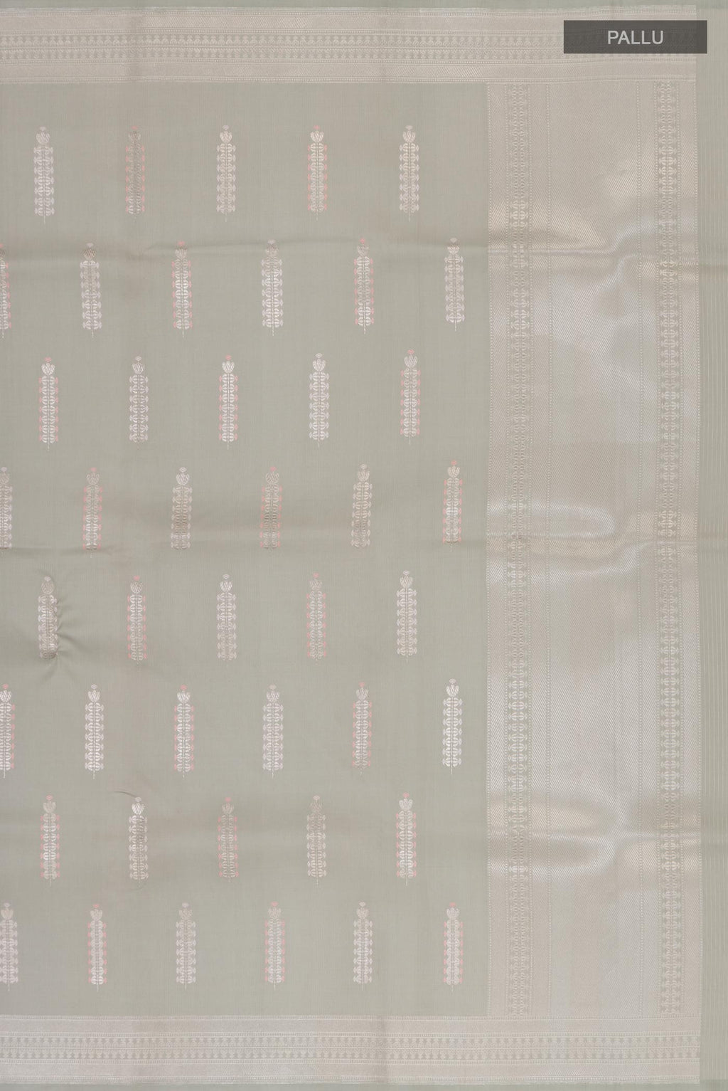 Close up image of the pallu of Grey Banarasi Silk Saree with Zari Butta on the body and Zari Border. 