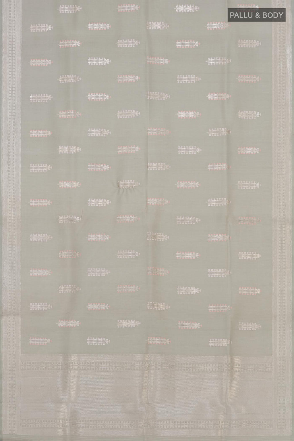Flat view of Grey Banarasi Silk Saree with Zari Butta on the body and Zari Border. 