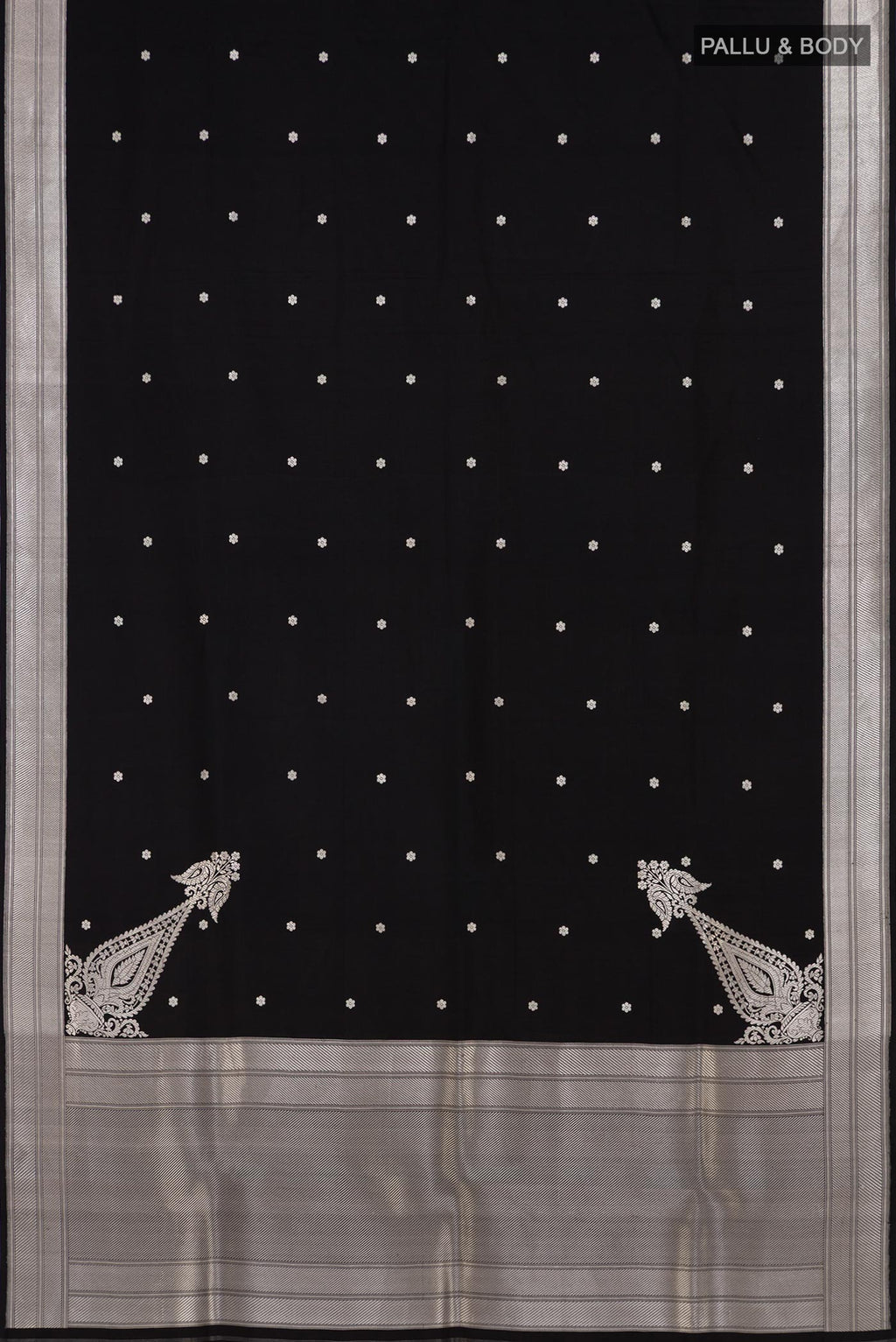 Flat view of Black Banarasi Silk Saree with Zari Butta on the body and Zari Border. 