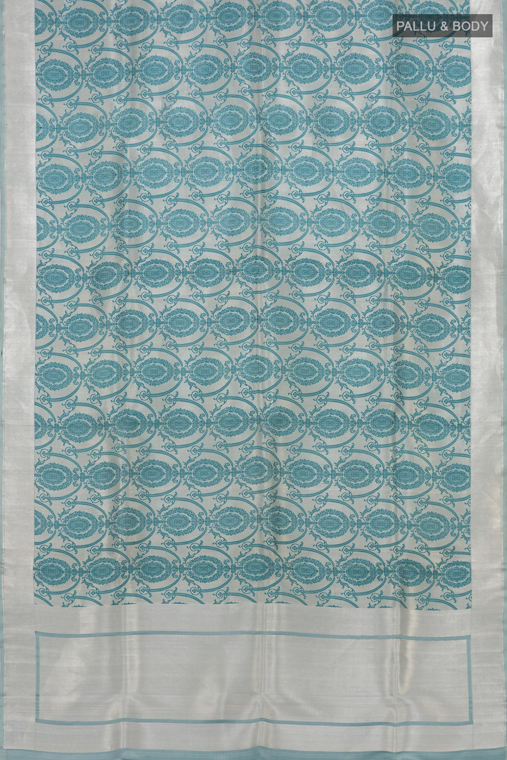 Flat view of Grey Banarasi Silk Saree with Zari Brocade on the body and Zari Border. 