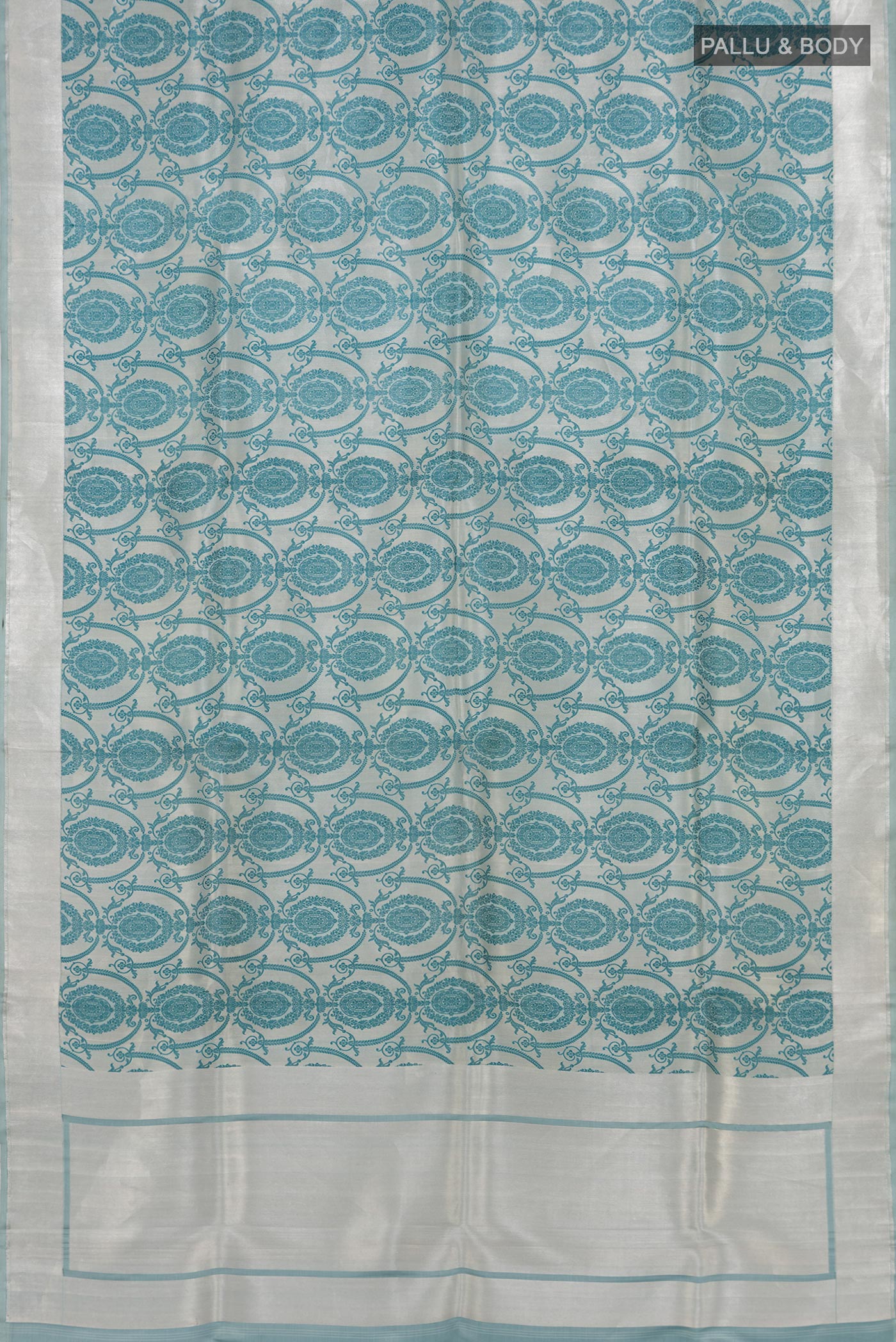 Flat view of Grey Banarasi Silk Saree with Zari Brocade on the body and Zari Border. 