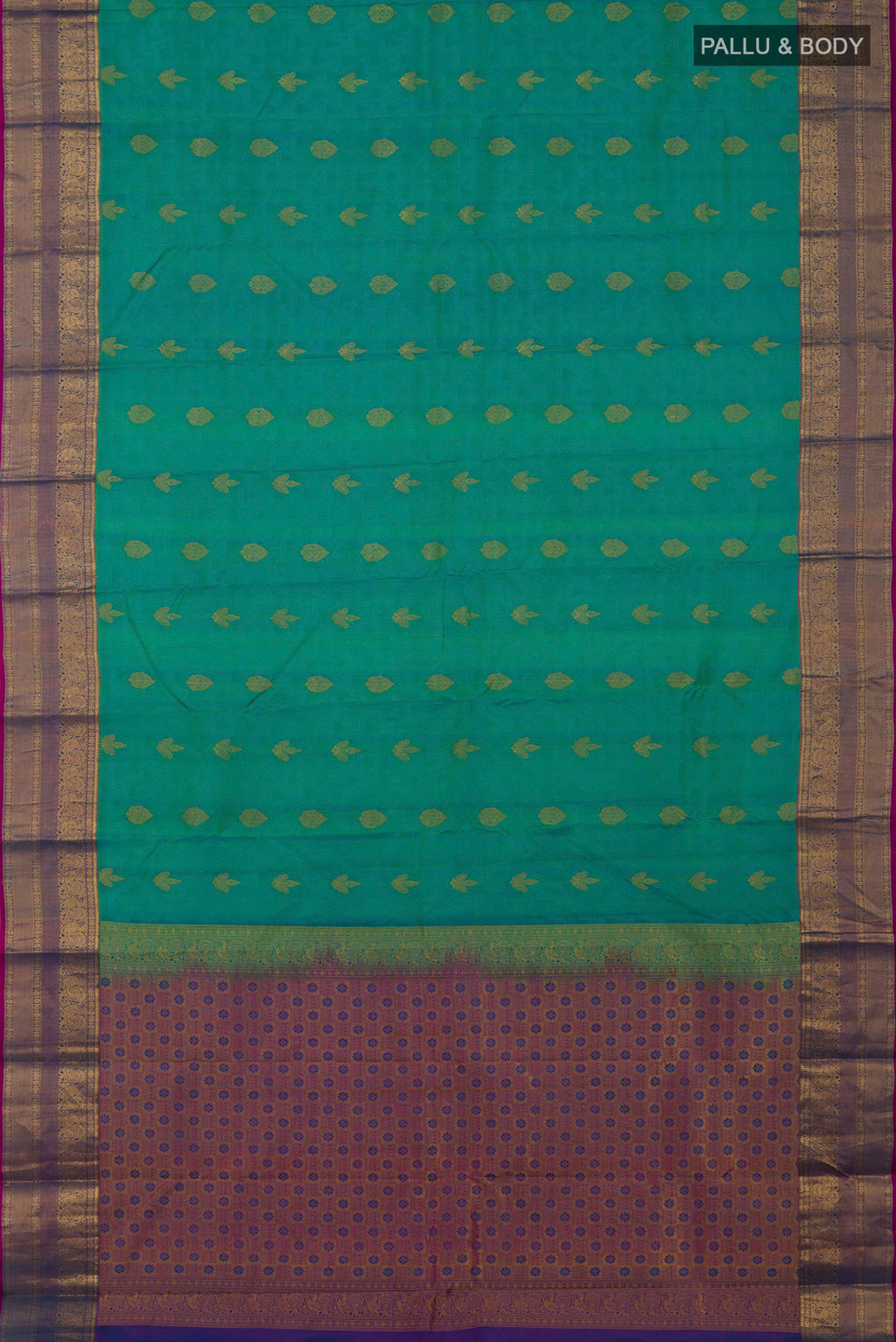 Flat view of Turquoise Kanchipuram Silk Saree with Jacquard With Zari Butta on the body and Zari Border. 