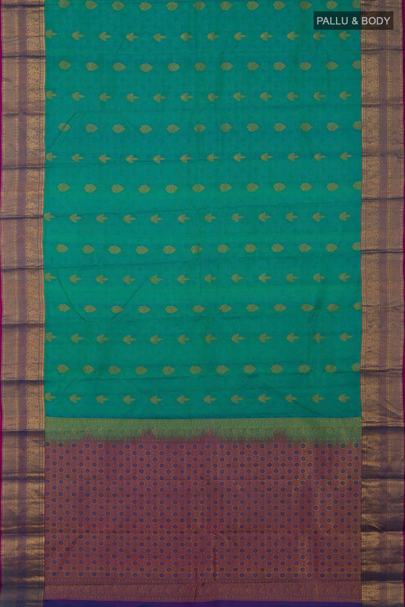 Flat view of Turquoise Kanchipuram Silk Saree with Jacquard With Zari Butta on the body and Zari Border. 
