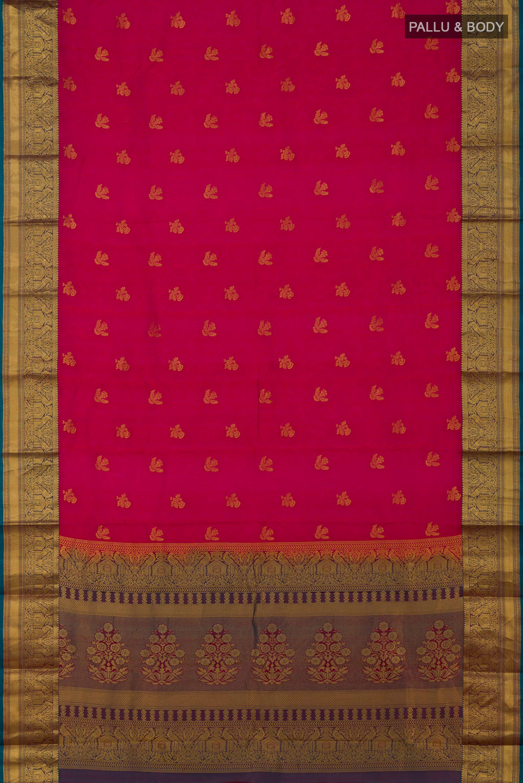 Flat view of Pink Kanchipuram Silk Saree with Jacquard With Zari Butta on the body and Zari Border. 