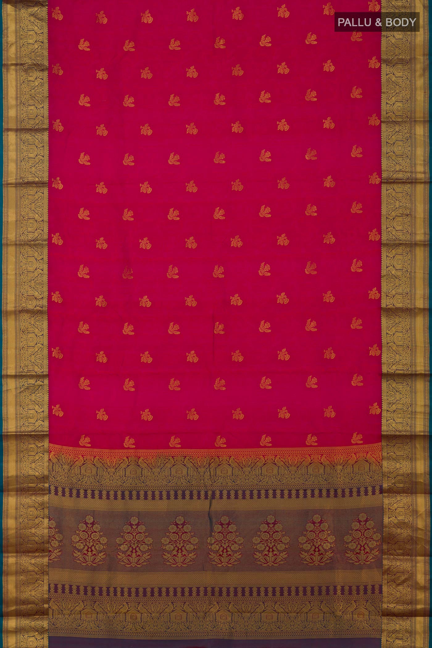 Flat view of Pink Kanchipuram Silk Saree with Jacquard With Zari Butta on the body and Zari Border. 