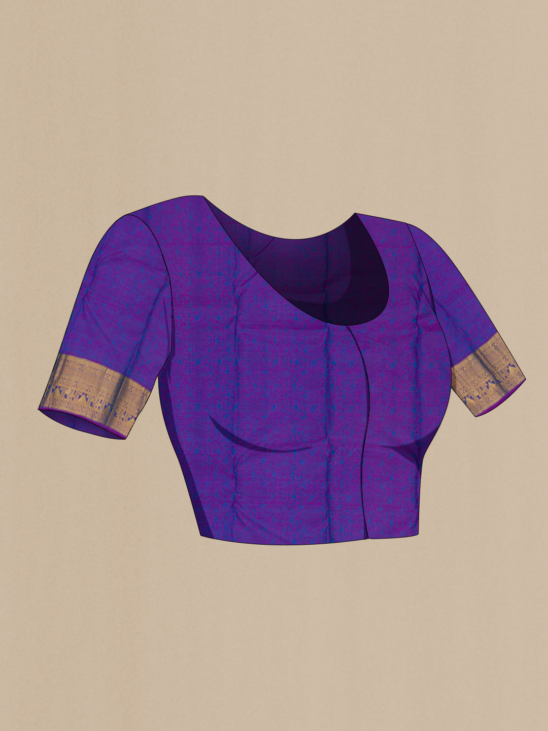 Close up image of the blouse of Royal Blue Kanchipuram Saree with Jacquard With Zari Butta on the body and Zari Border. 
