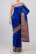 Royal Blue Kanchipuram Saree with Jacquard With Zari Butta on the body and Zari Border.  displayed on a mannequin