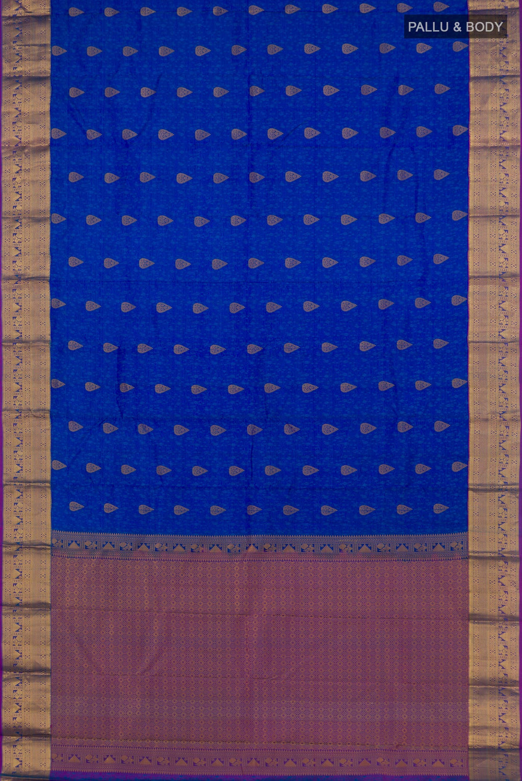 Flat view of Royal Blue Kanchipuram Saree with Jacquard With Zari Butta on the body and Zari Border. 