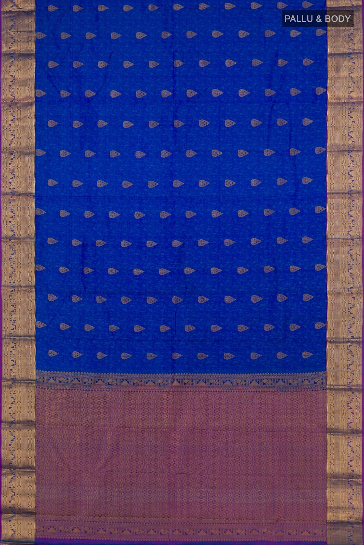 Flat view of Royal Blue Kanchipuram Saree with Jacquard With Zari Butta on the body and Zari Border. 