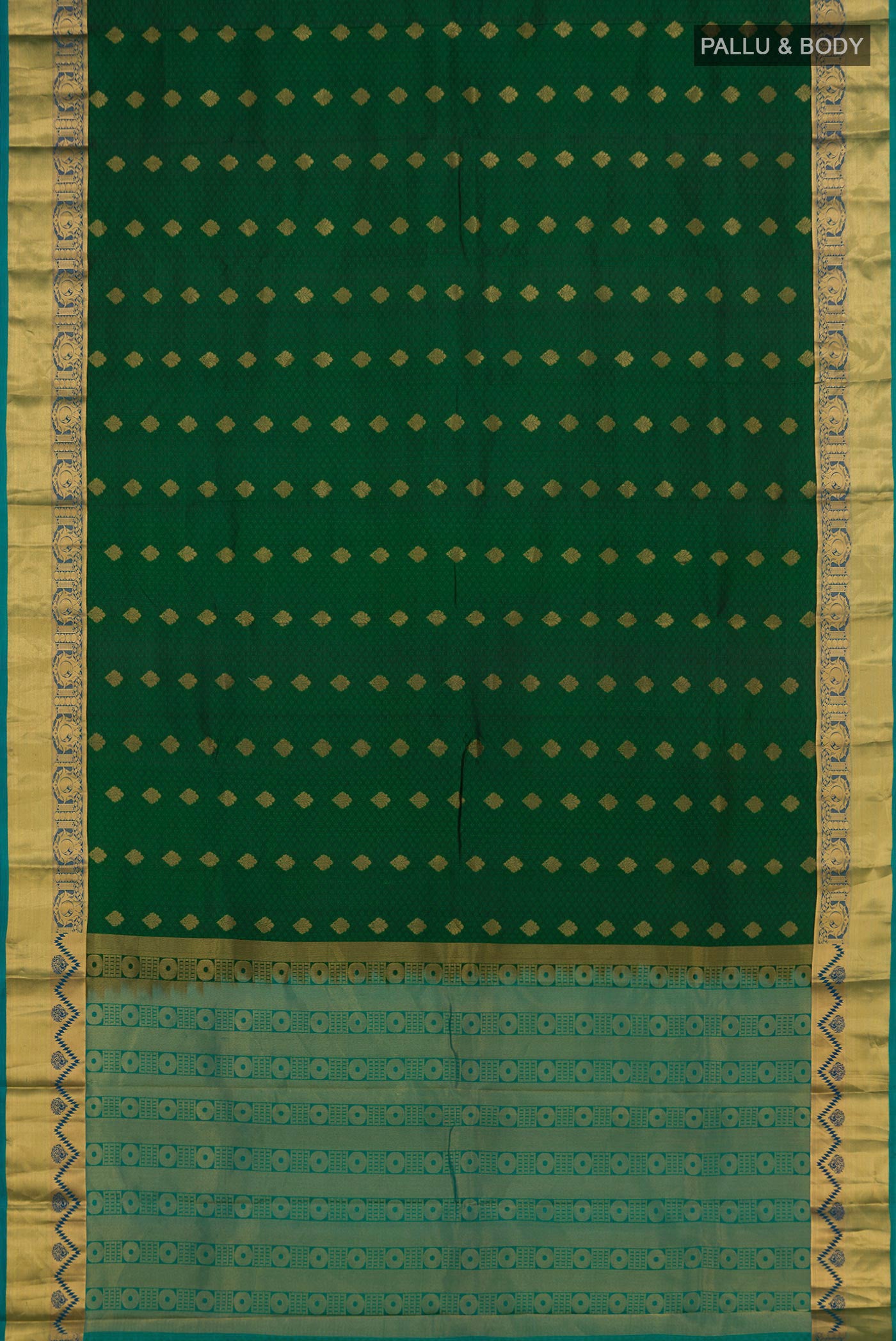 Flat view of Bottle Green Kanchipuram Silk Saree with Jacquard design on the body and Zari Border. 