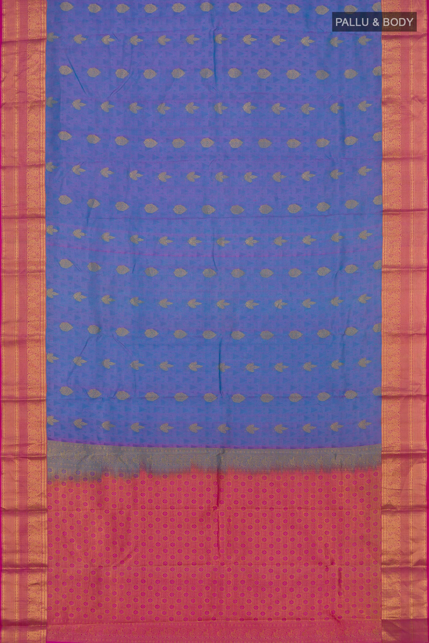 Flat view of Blue Kanchipuram Silk Saree with Jacquard design on the body and Zari Border. 