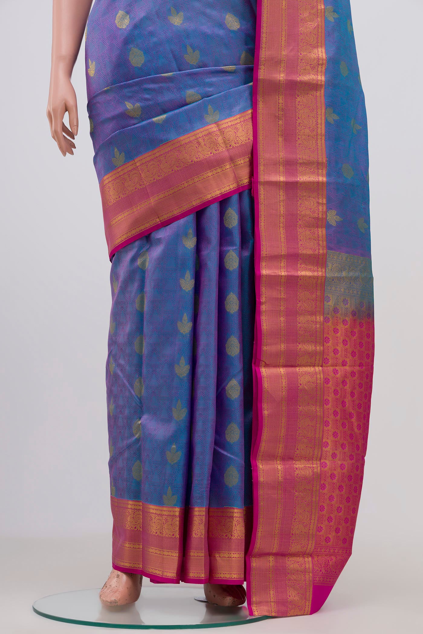 Pleats and pallu of Blue Kanchipuram Silk Saree with Jacquard design on the body and Zari Border. 