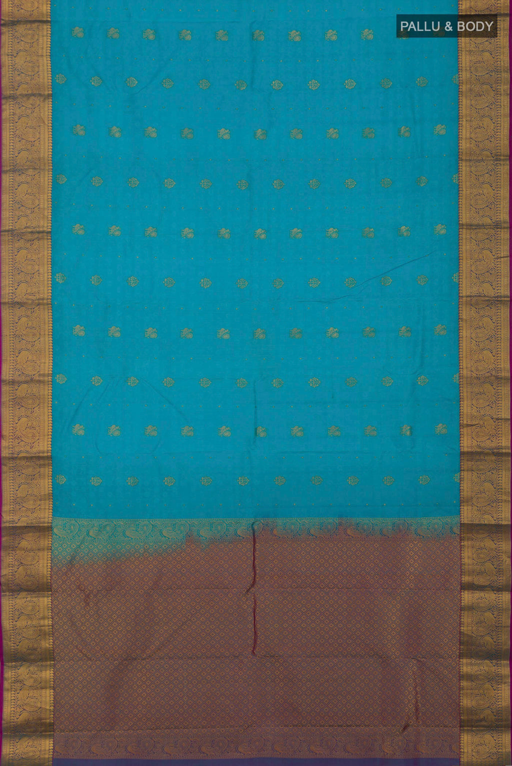 Flat view of Blue Kanchipuram Silk Saree with Jacquard With Zari Butta on the body and Zari Border. 