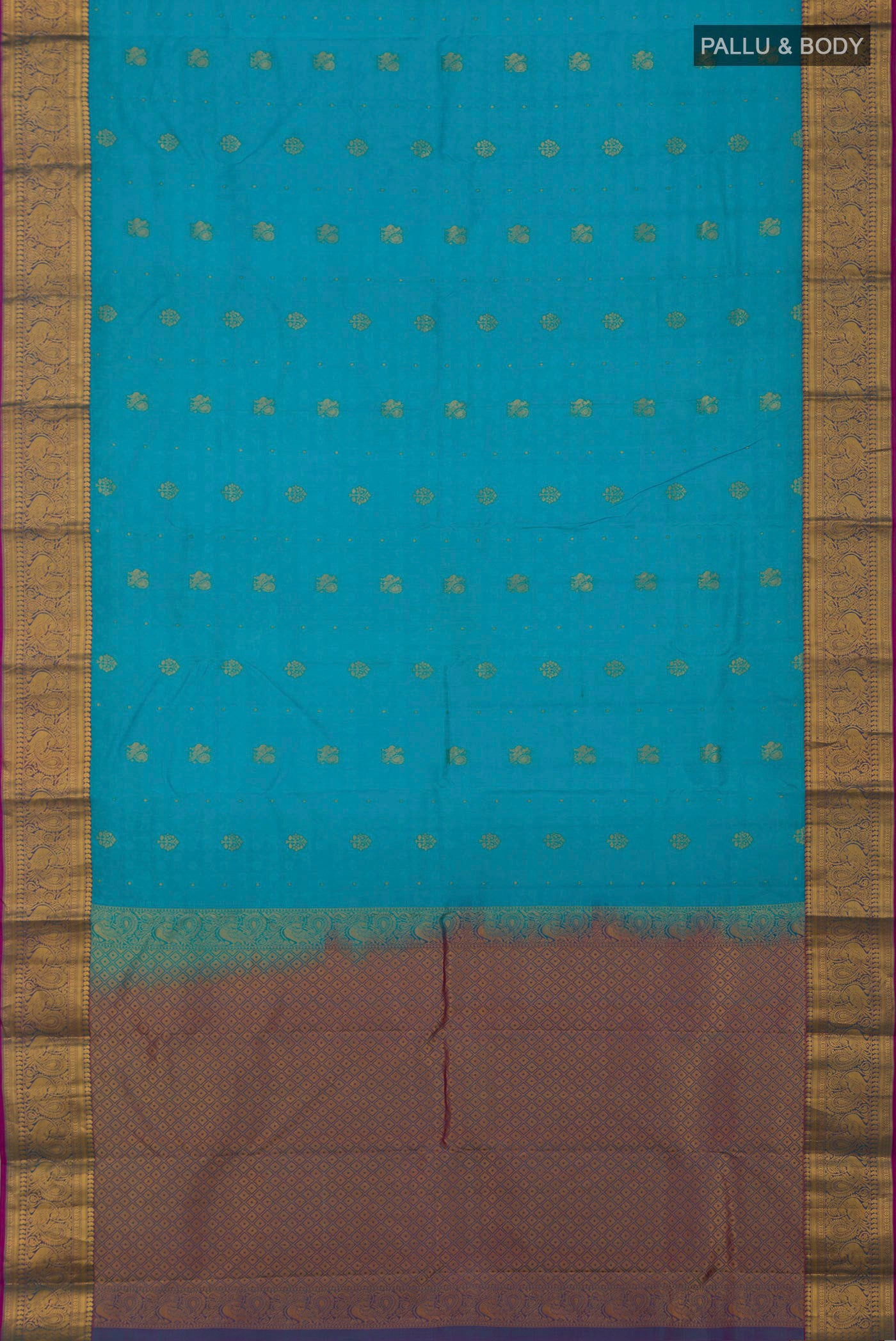 Flat view of Blue Kanchipuram Silk Saree with Jacquard With Zari Butta on the body and Zari Border. 
