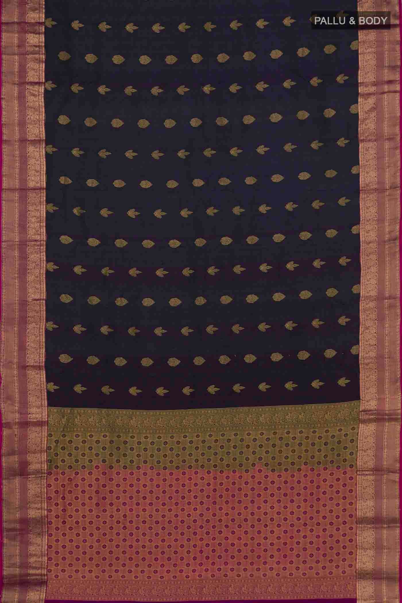 Flat view of Green With Purple Color Kanchipuram Silk Saree with Jacquard With Zari Butta on the body and Zari Border
