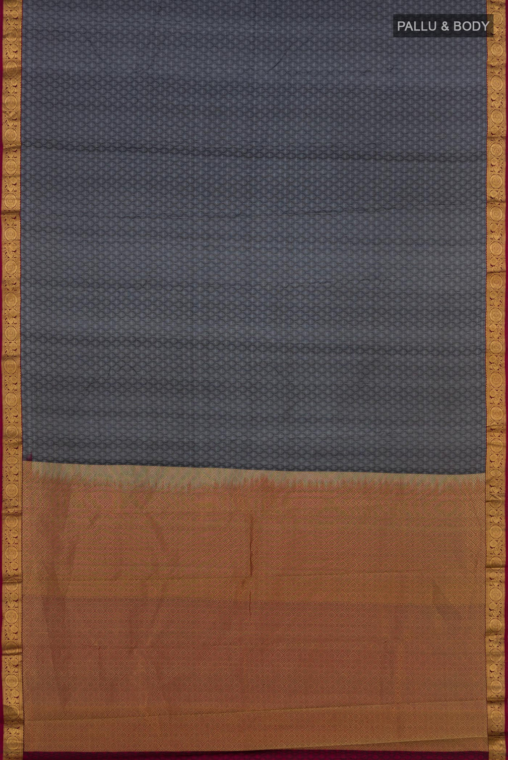 Flat view of Grey Kanjivaram Saree with Jacquard design on the body and Zari Border. 
