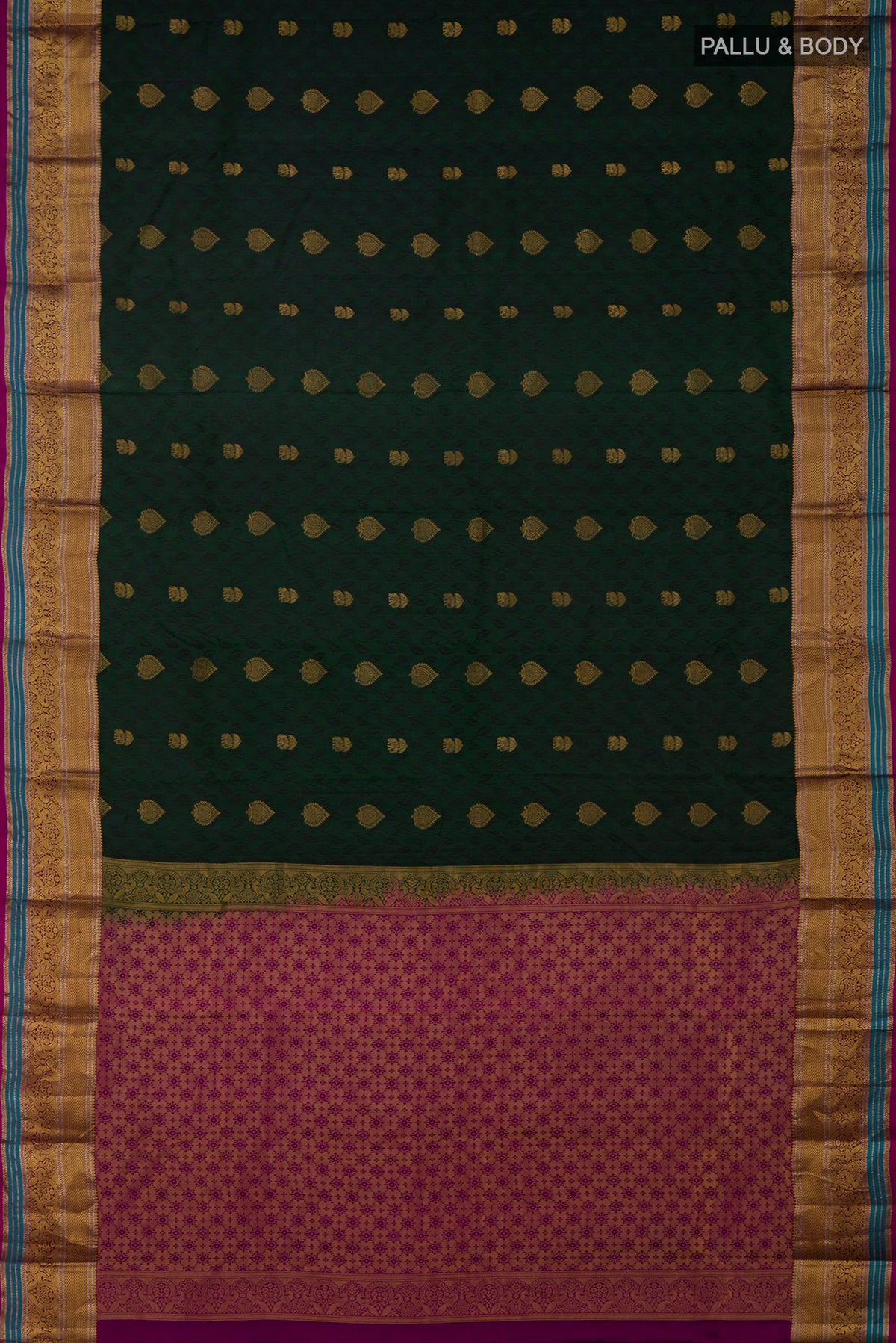 Flat view of Bottle Green Kanchipuram Silk Saree with Jacquard With Zari Butta on the body and Zari Border. 