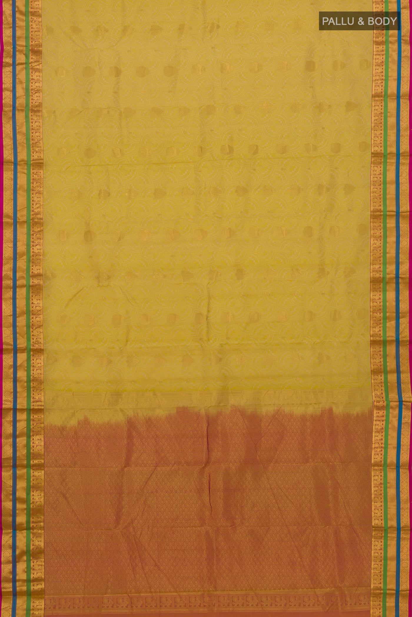 Flat view of Cream Kanchipuram Silk Saree with Jacquard design on the body and Zari Border. 
