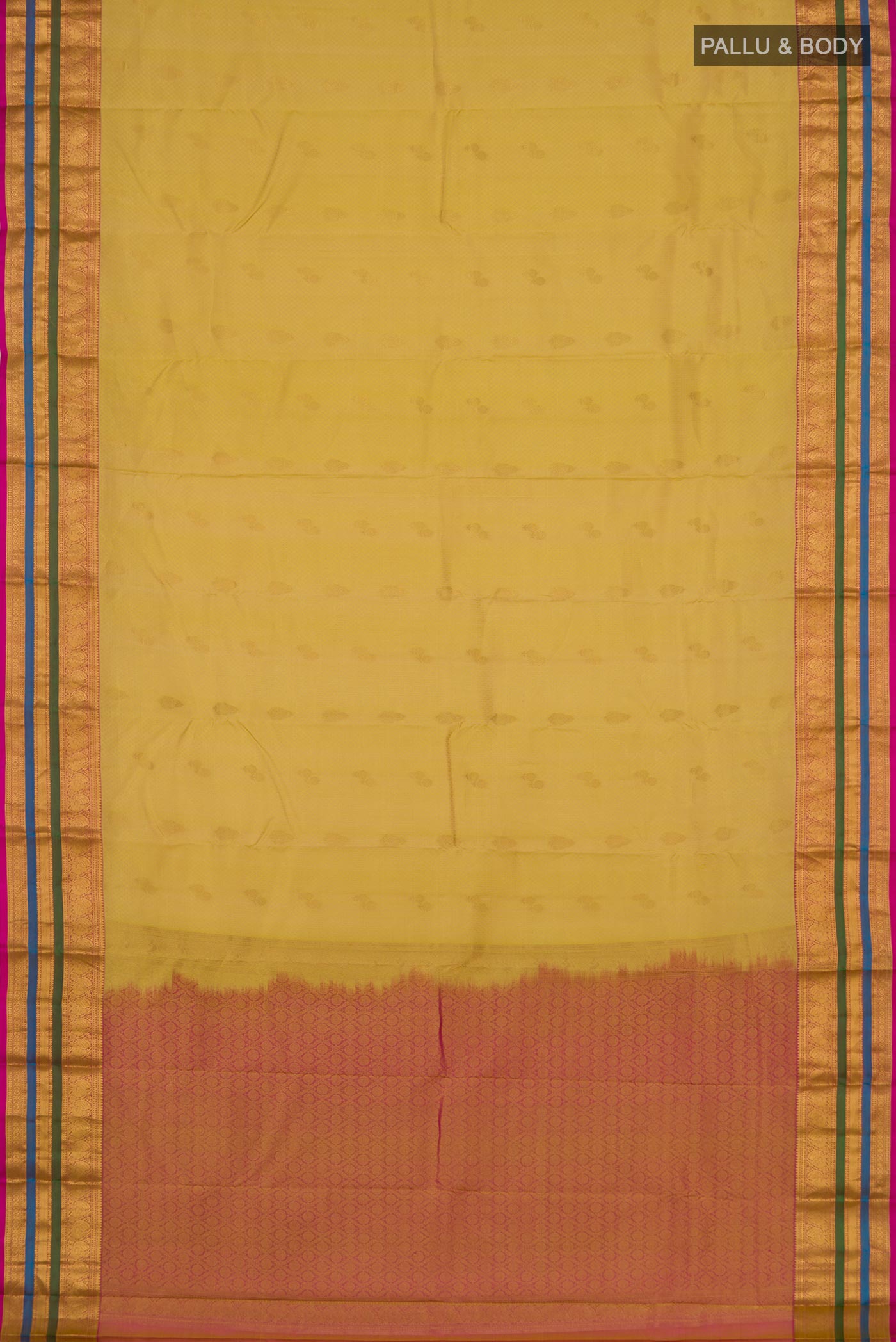 Flat view of Beige Kanchipuram Saree with Jacquard With Zari Butta on the body and Zari Border. 