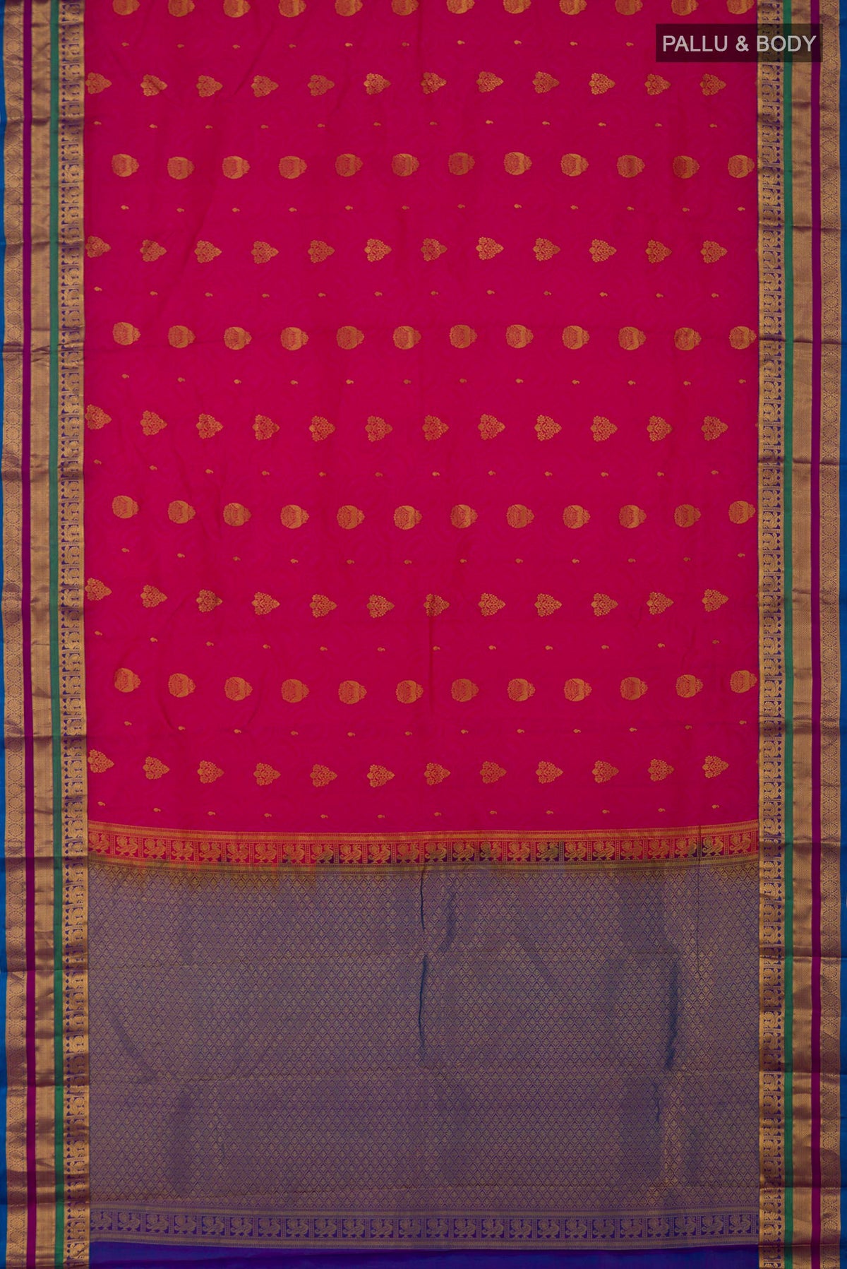 Flat view of Pink Kanchipuram Silk Saree with Jacquard With Zari Butta on the body and Zari Border. 