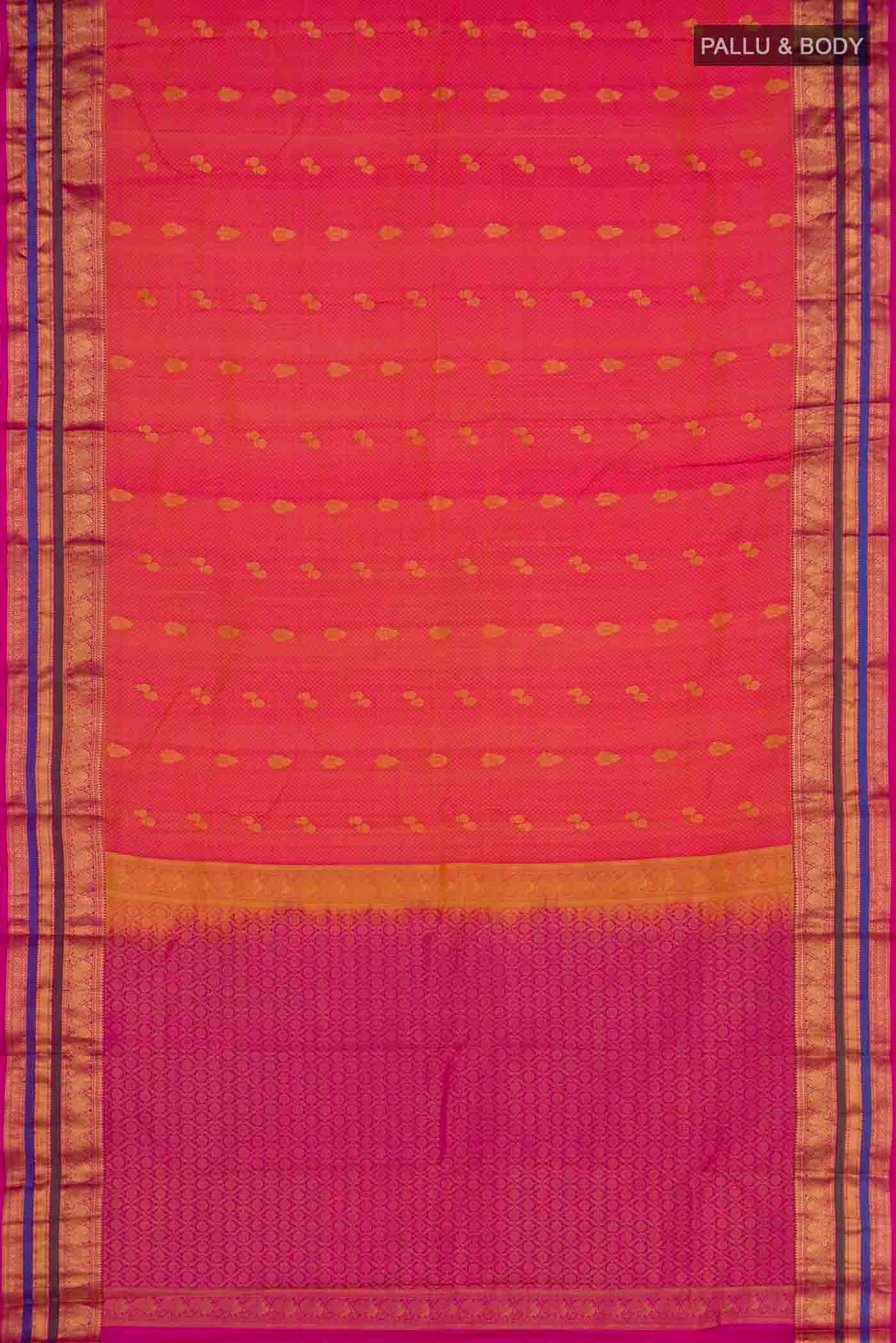 Flat view of Pink with Yellow Color Kanchipuram Silk Saree with Jacquard With Zari Butta on the body and Zari Border