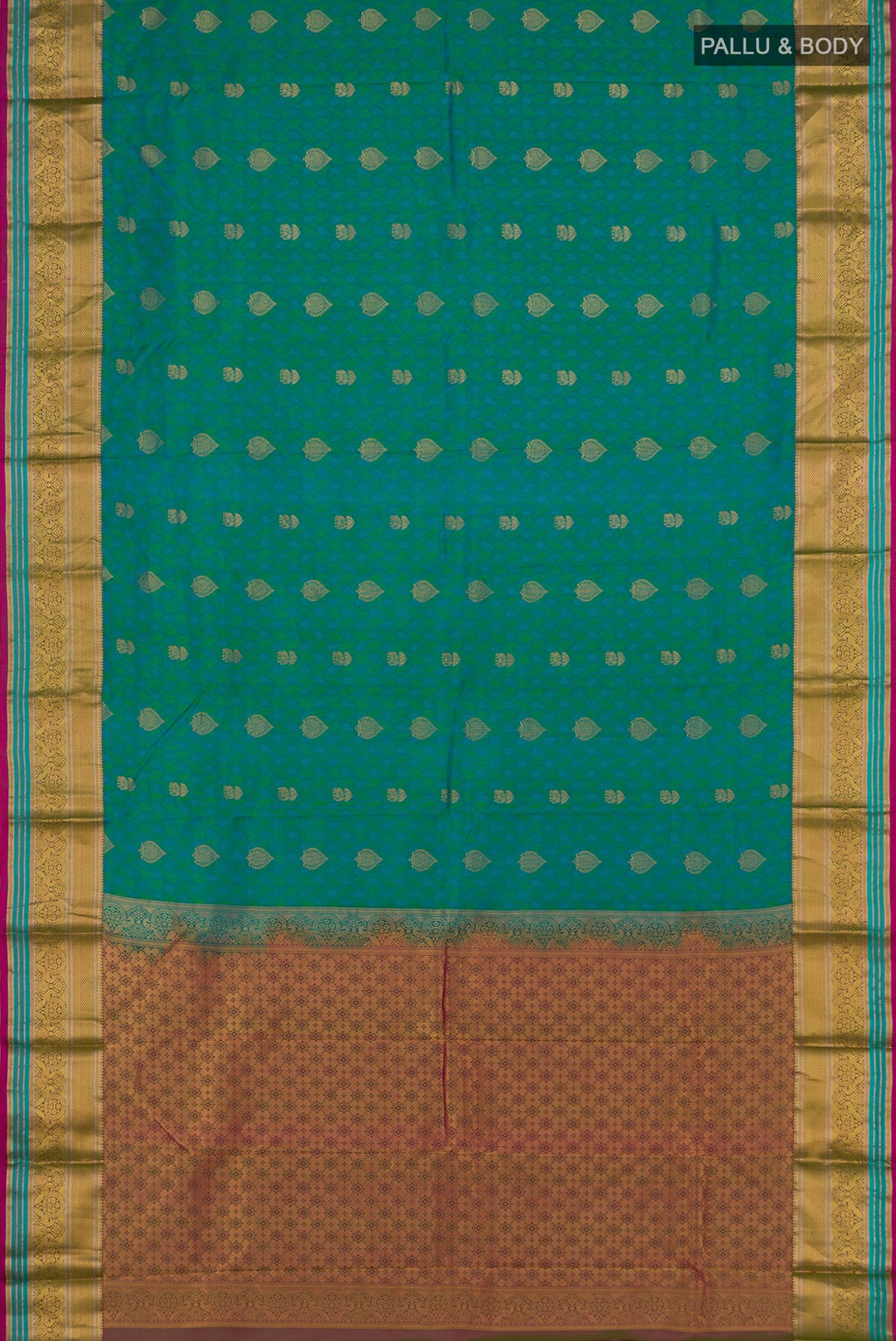 Flat view of Green Kanchipuram Saree with Jacquard With Zari Butta on the body and Zari Border. 