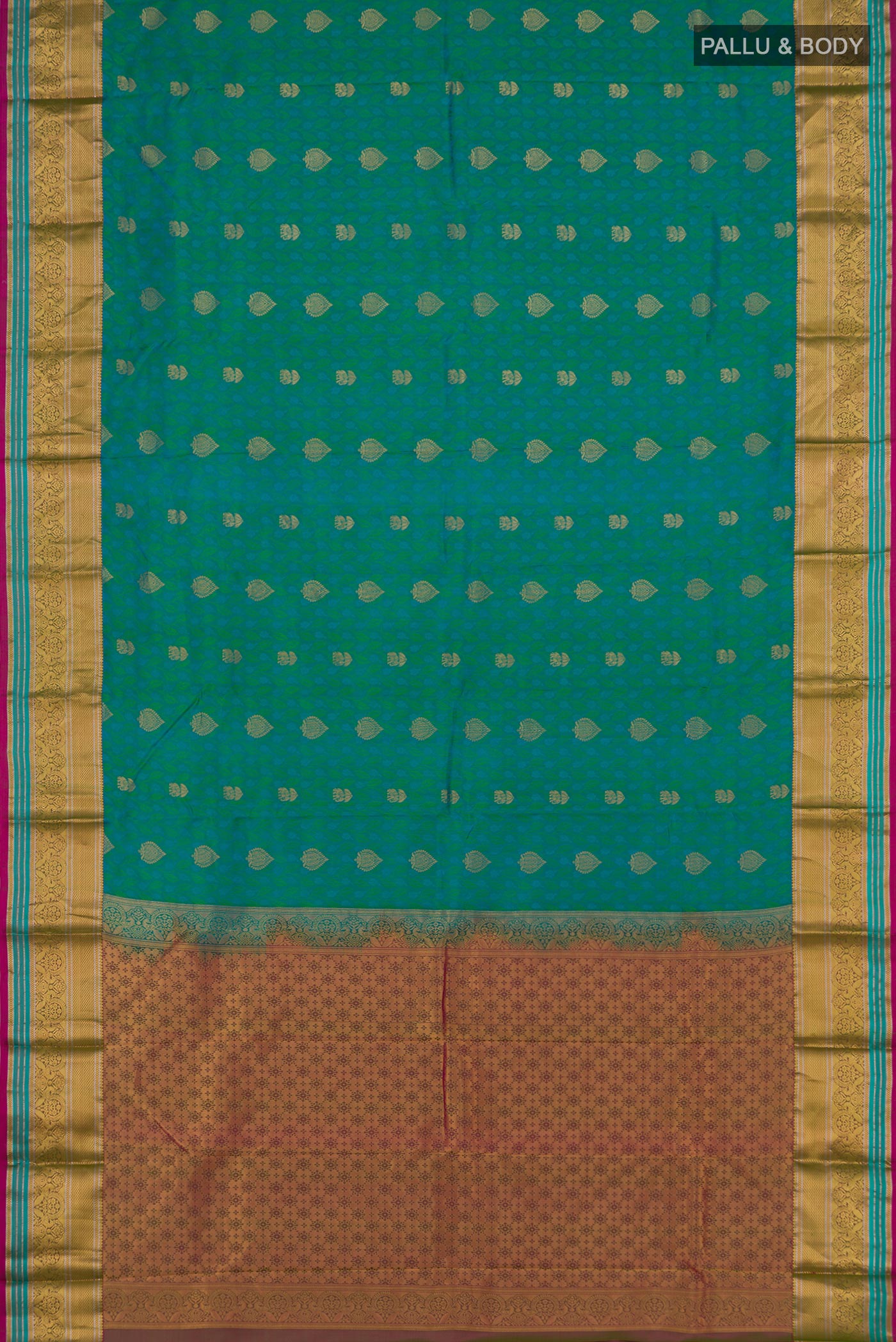 Flat view of Green Kanchipuram Saree with Jacquard With Zari Butta on the body and Zari Border. 