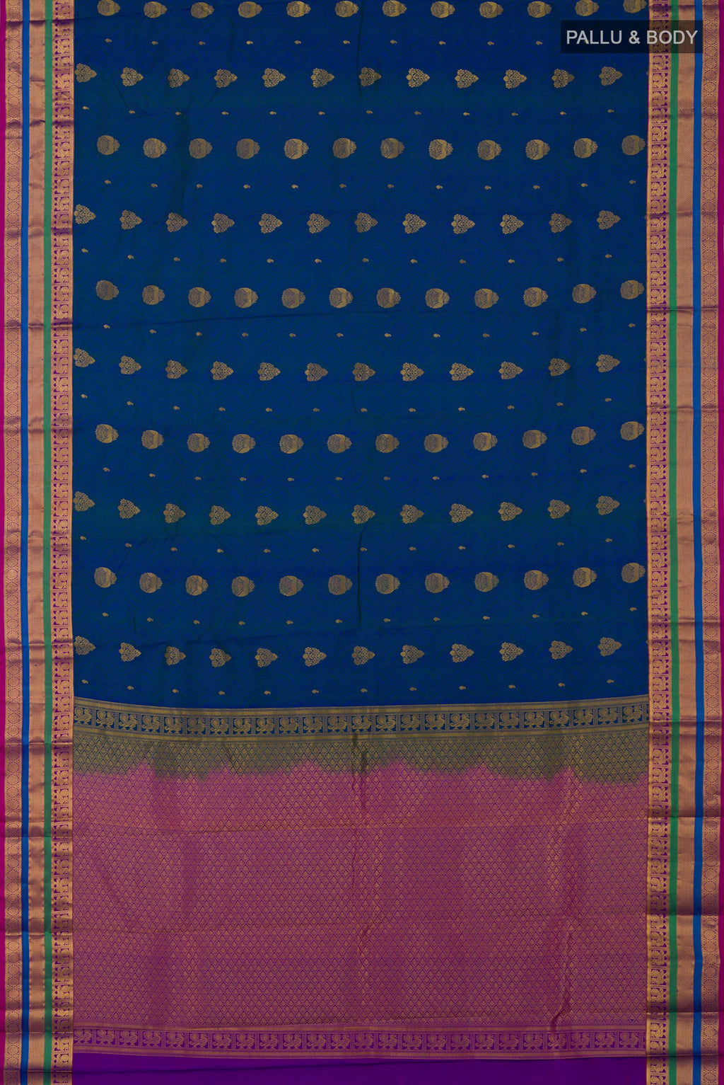 Flat view of Blue Kanchipuram Silk Saree with Jacquard With Zari Butta on the body and Zari Border. 