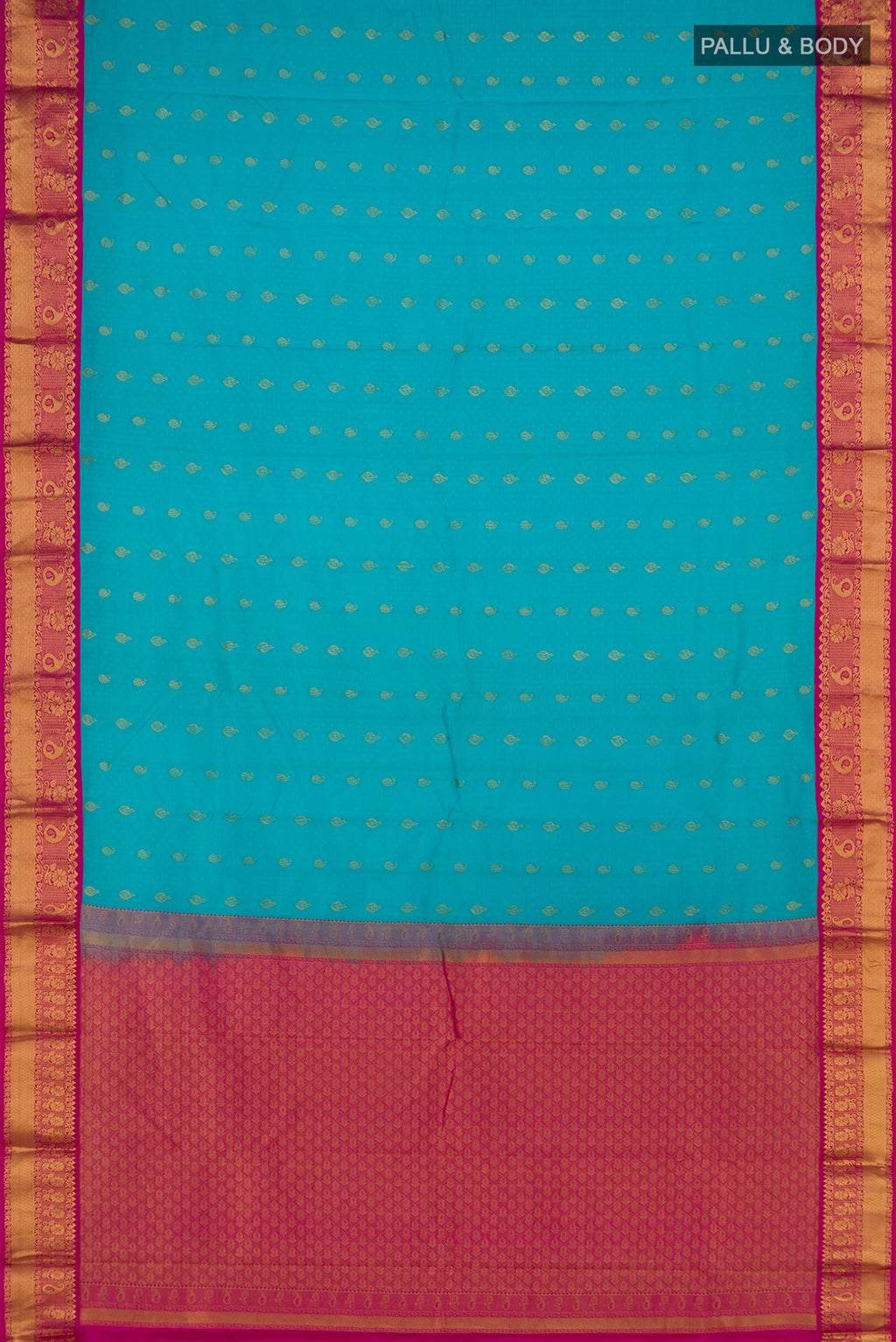 Flat view of Sky Blue Kanchipuram Saree with Jacquard With Zari Butta on the body and Zari Border. 
