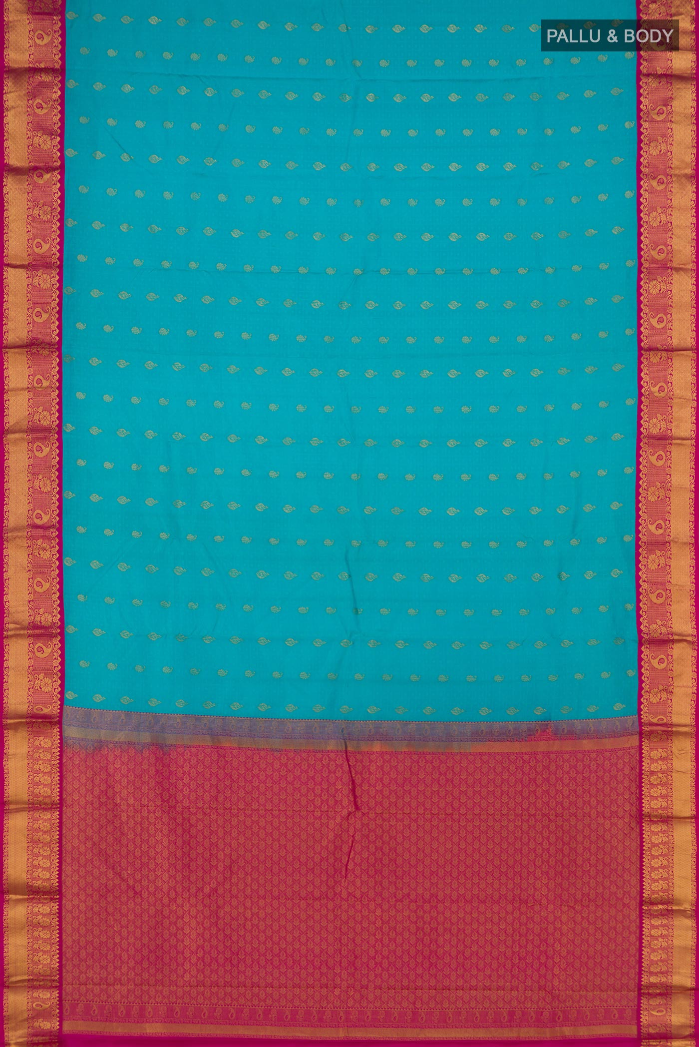 Flat view of Sky Blue Kanchipuram Saree with Jacquard With Zari Butta on the body and Zari Border. 