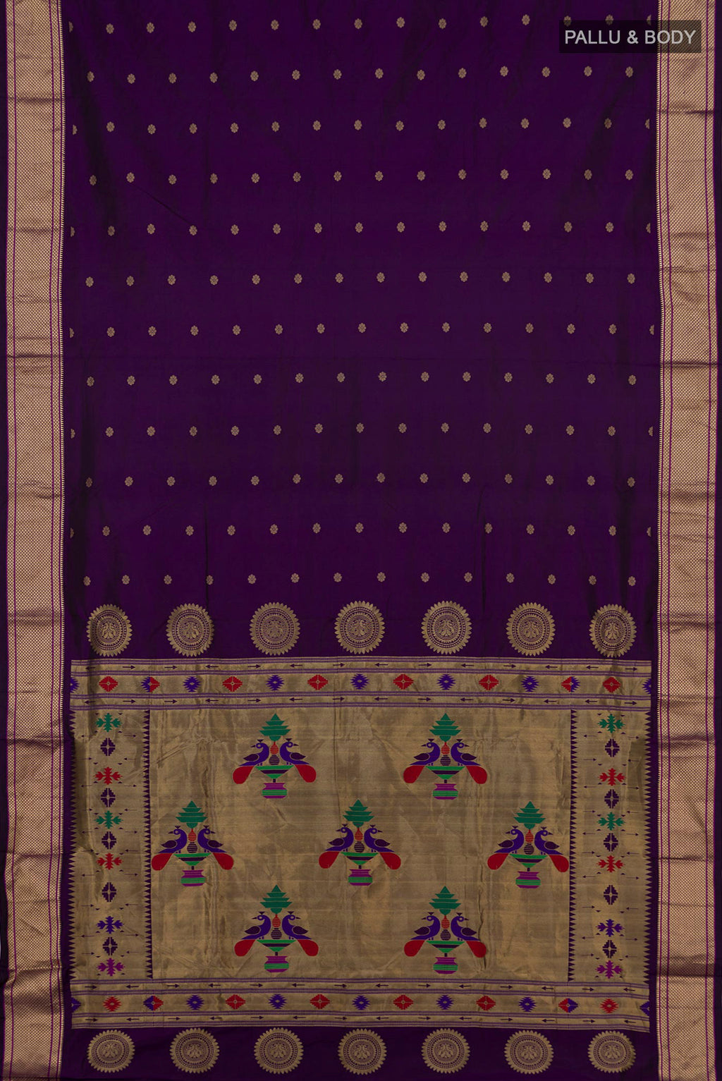 Flat view of Purple Bangalore Silk Saree with Zari Butta on the body and Zari Border. 