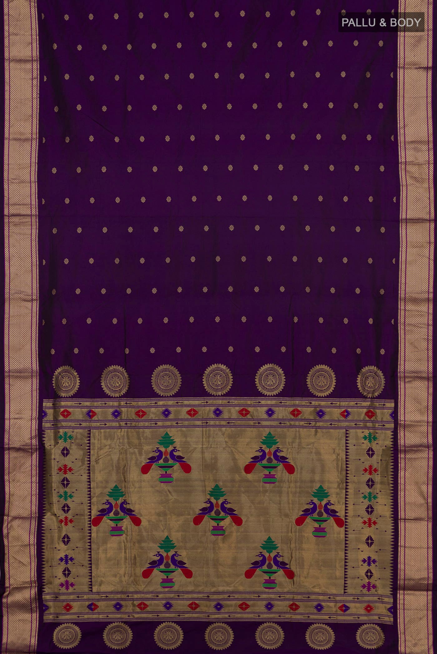 Flat view of Purple Bangalore Silk Saree with Zari Butta on the body and Zari Border. 