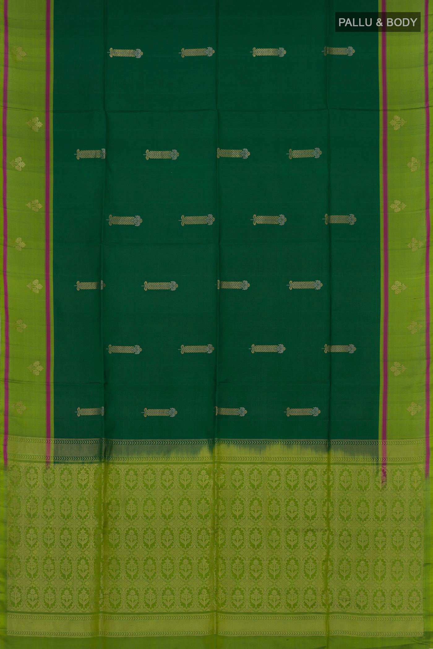 Flat view of Green Soft Silk Saree with Zari Butta on the body and Fancy Border. 