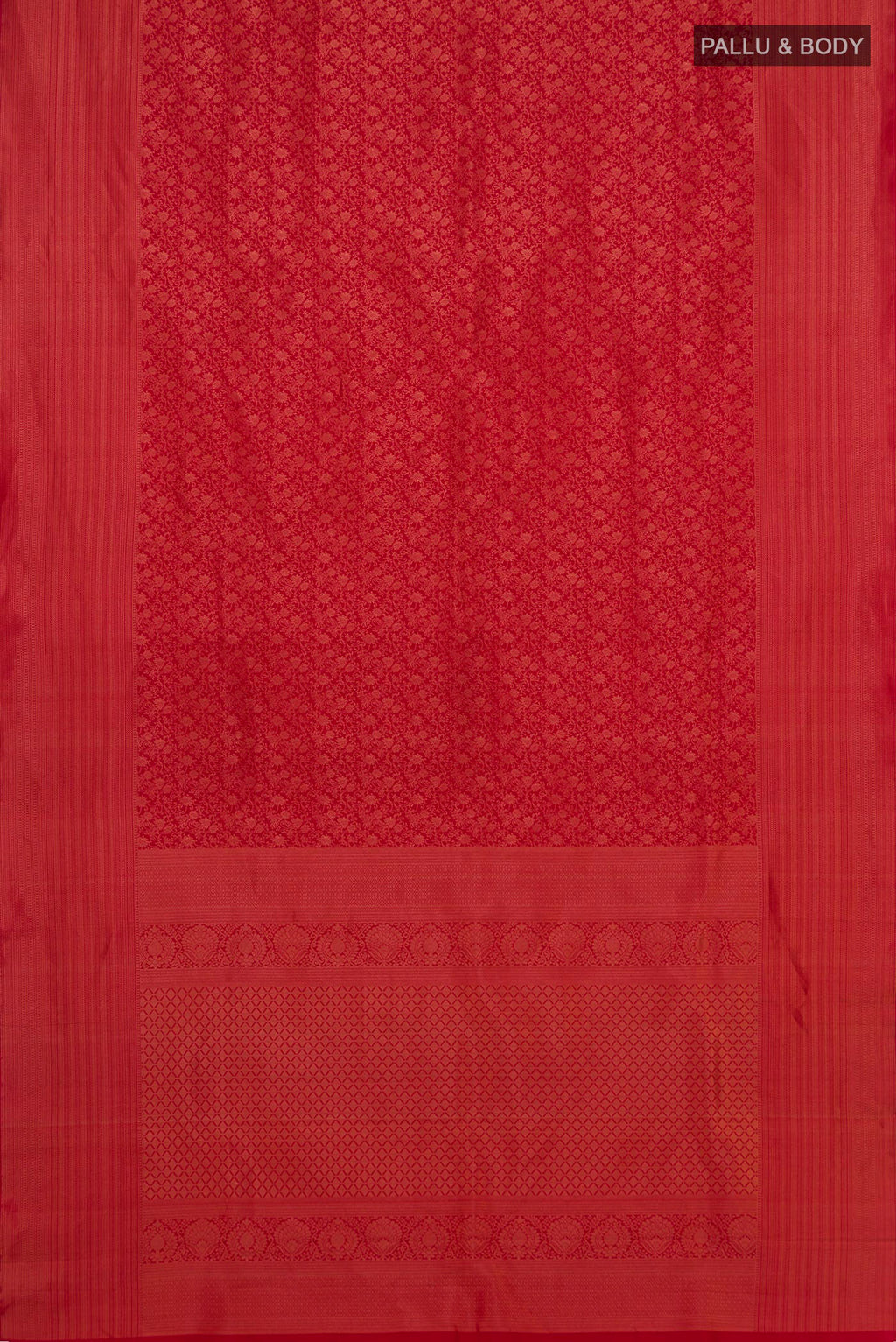 Flat view of Pure Silk Red Kanchipuram Saree with Zari Brocade on the body and Fancy Border. 