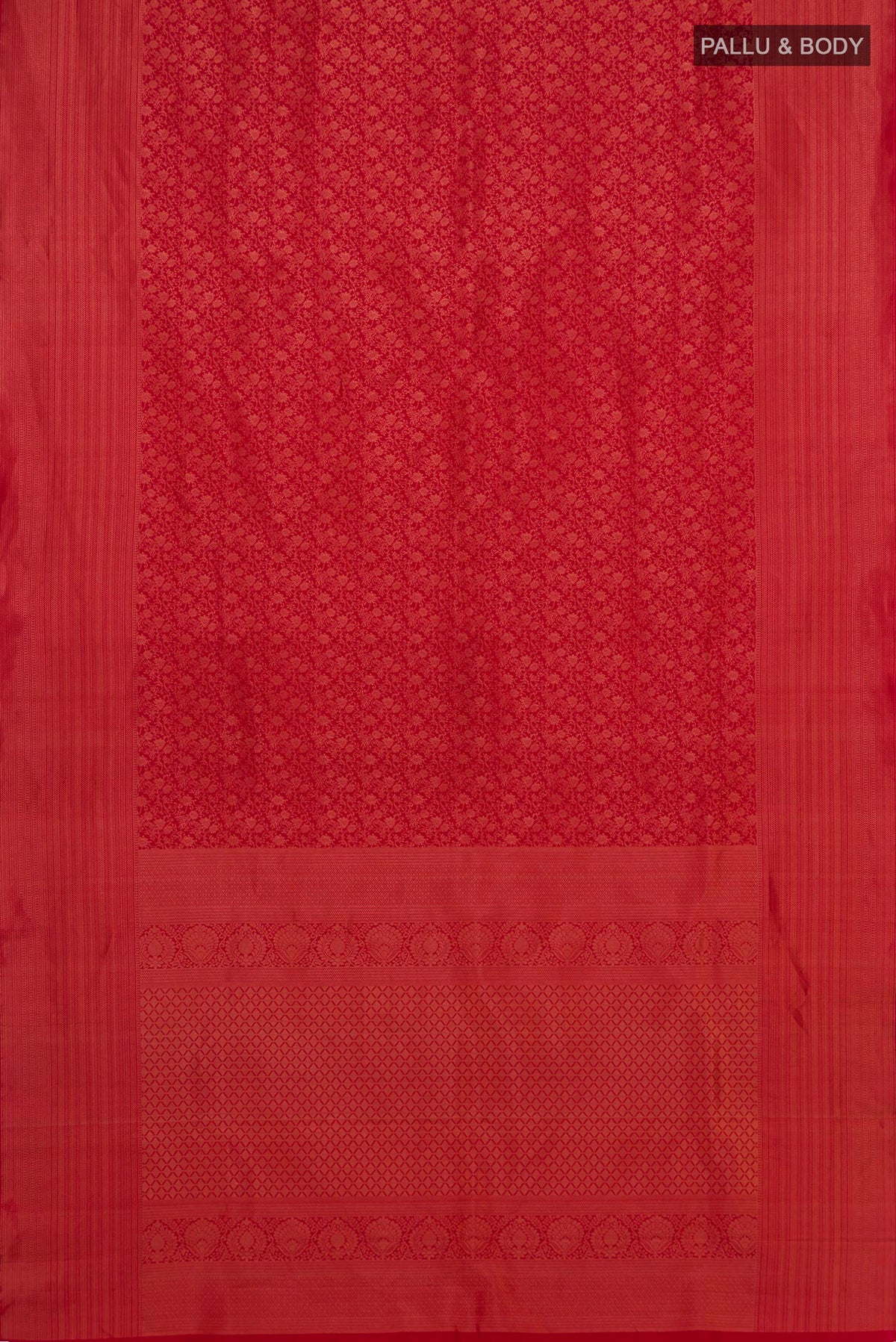 Flat view of Pure Silk Red Kanchipuram Saree with Zari Brocade on the body and Fancy Border. 