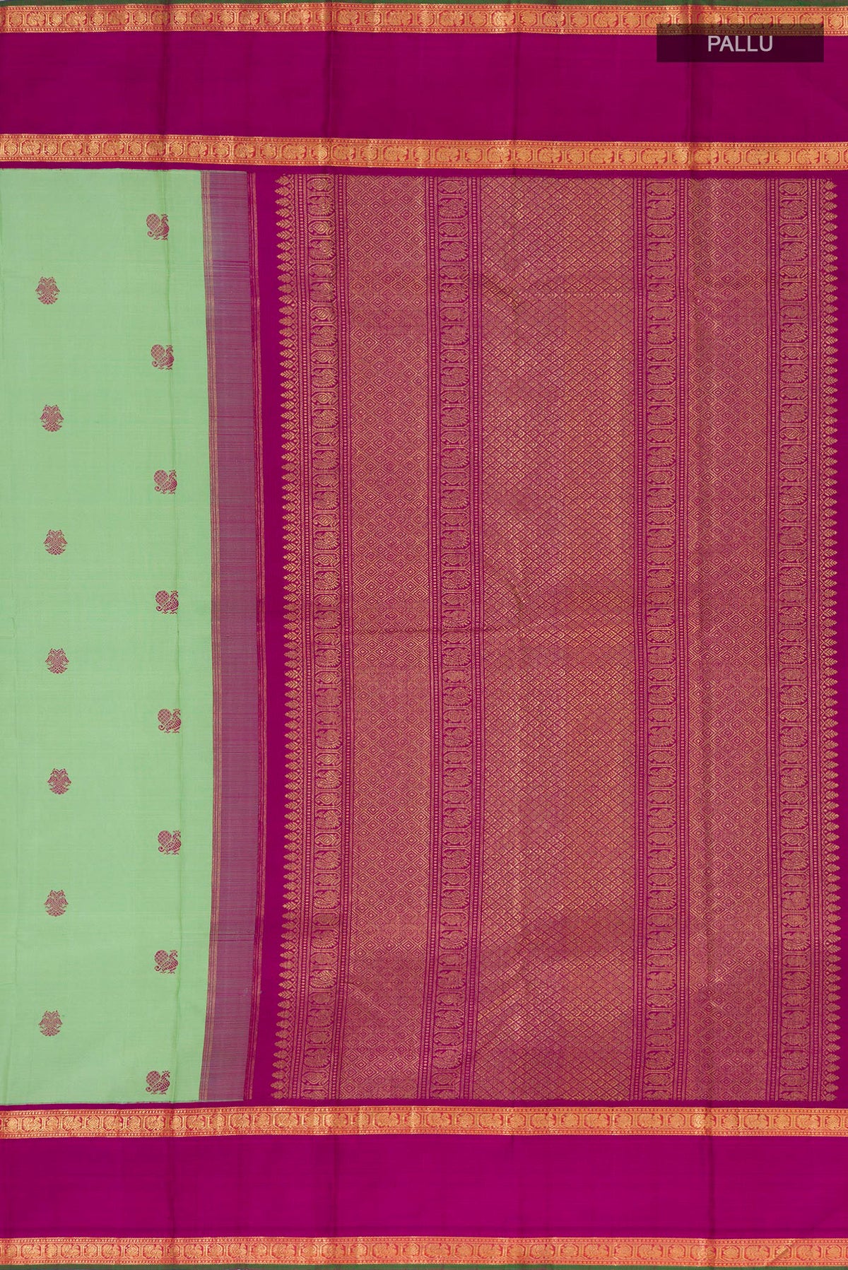 Close up image of the pallu of Pure Silk Pure Zari Pista Green Kanchipuram Saree with Zari Butta on the body and Zari Border. 