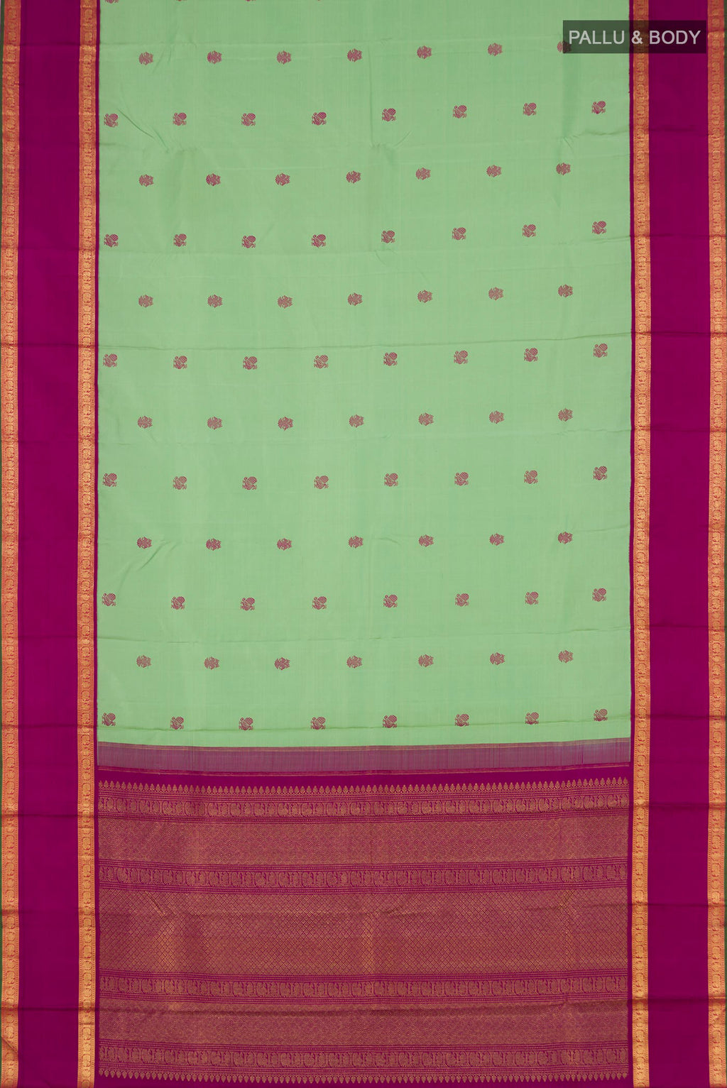 Flat view of Pure Silk Pure Zari Pista Green Kanchipuram Saree with Zari Butta on the body and Zari Border. 