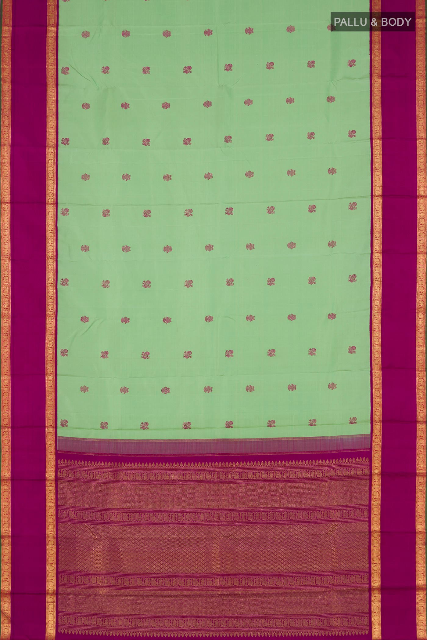 Flat view of Pure Silk Pure Zari Pista Green Kanchipuram Saree with Zari Butta on the body and Zari Border. 