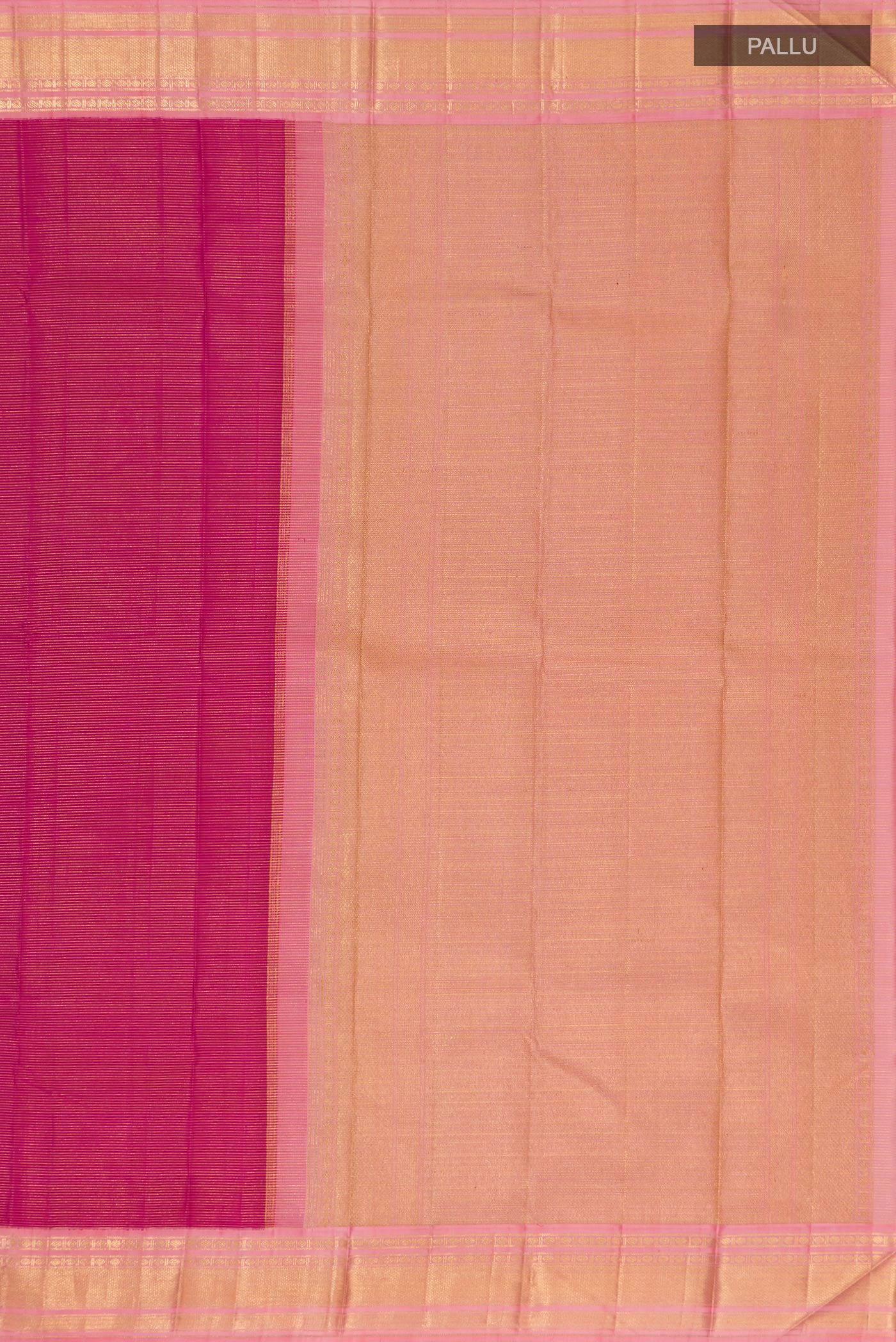 Close up image of the pallu of Pure Silk Pure Zari Magenta Kanchipuram Saree with Stripes on the body and Zari Border. 