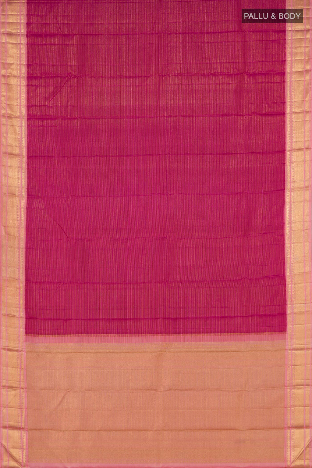 Flat view of Pure Silk Pure Zari Magenta Kanchipuram Saree with Stripes on the body and Zari Border. 