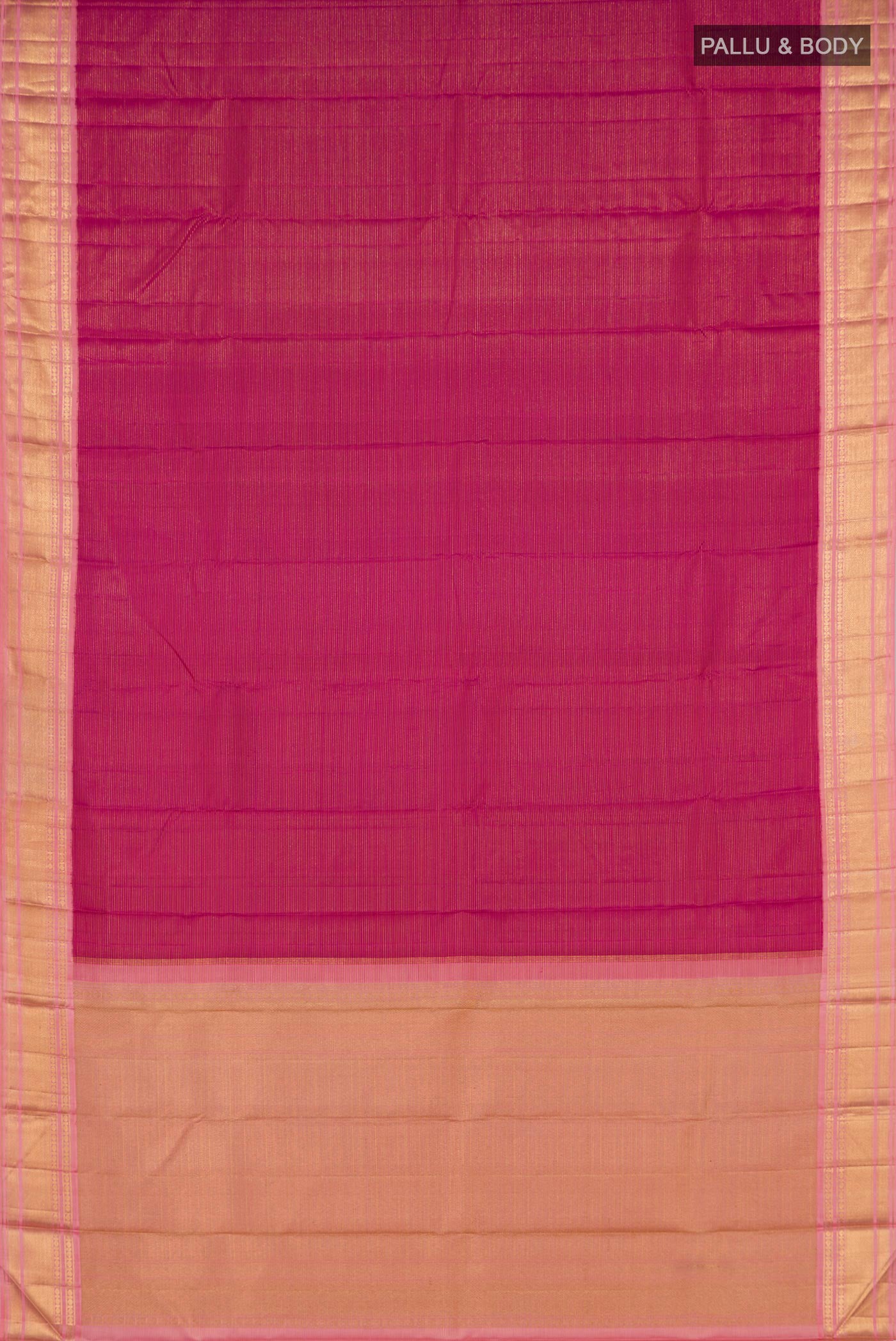 Flat view of Pure Silk Pure Zari Magenta Kanchipuram Saree with Stripes on the body and Zari Border. 