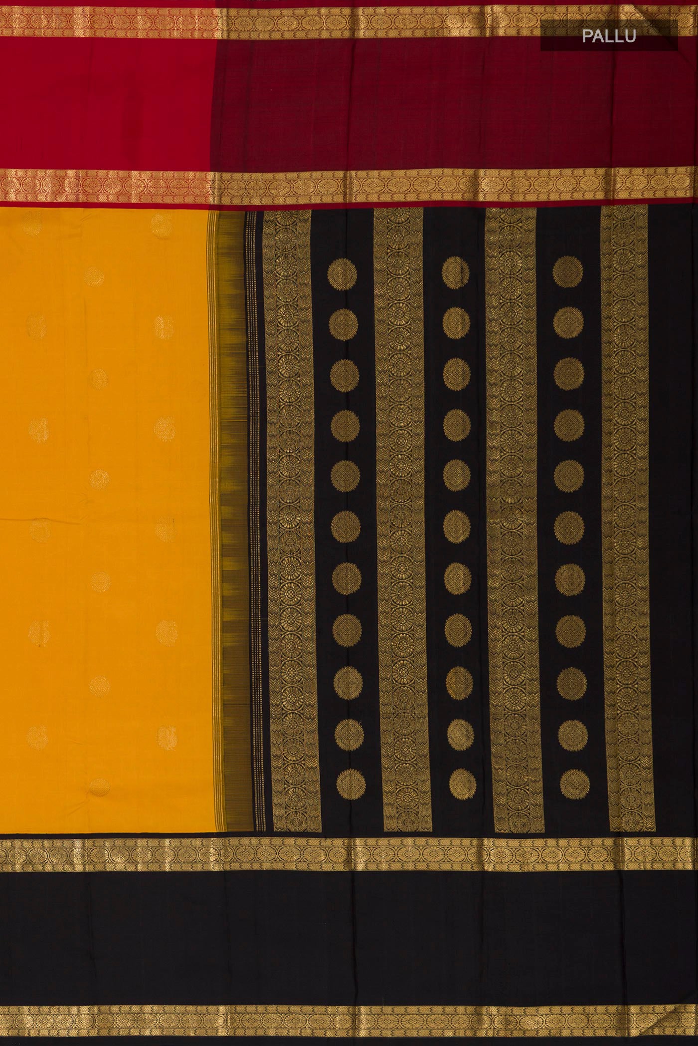Close up image of the pallu of Pure Silk Pure Zari Yellow Kanjivaram Saree with Zari Butta on the body and Ganga Jamuna Border. 
