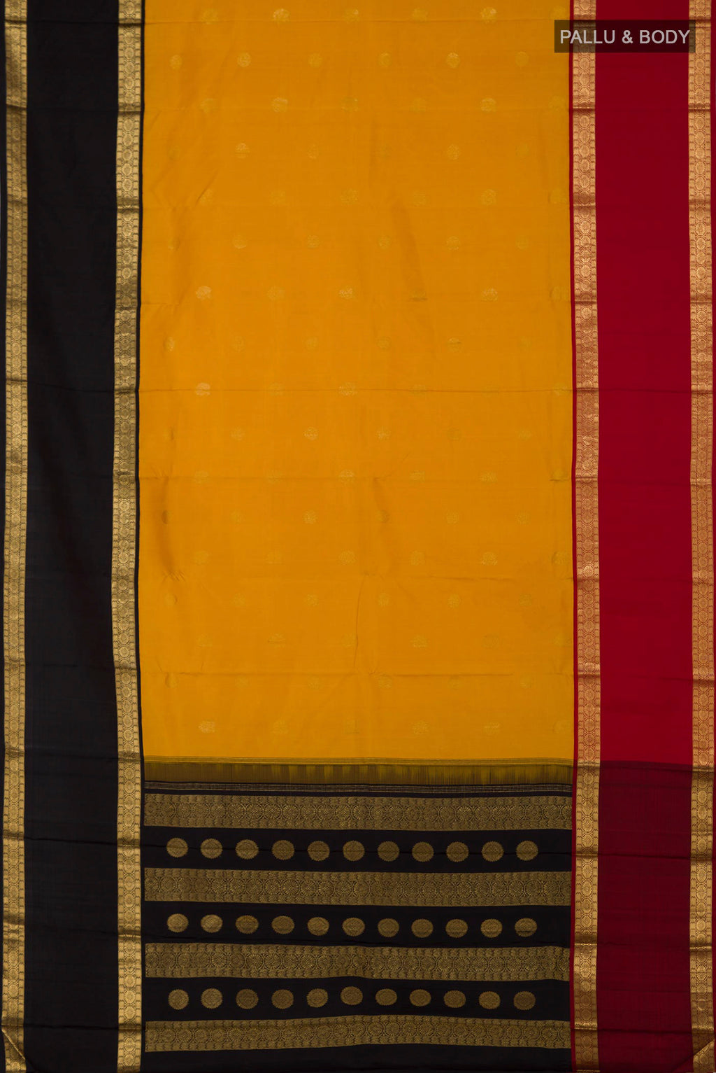 Flat view of Pure Silk Pure Zari Yellow Kanjivaram Saree with Zari Butta on the body and Ganga Jamuna Border. 