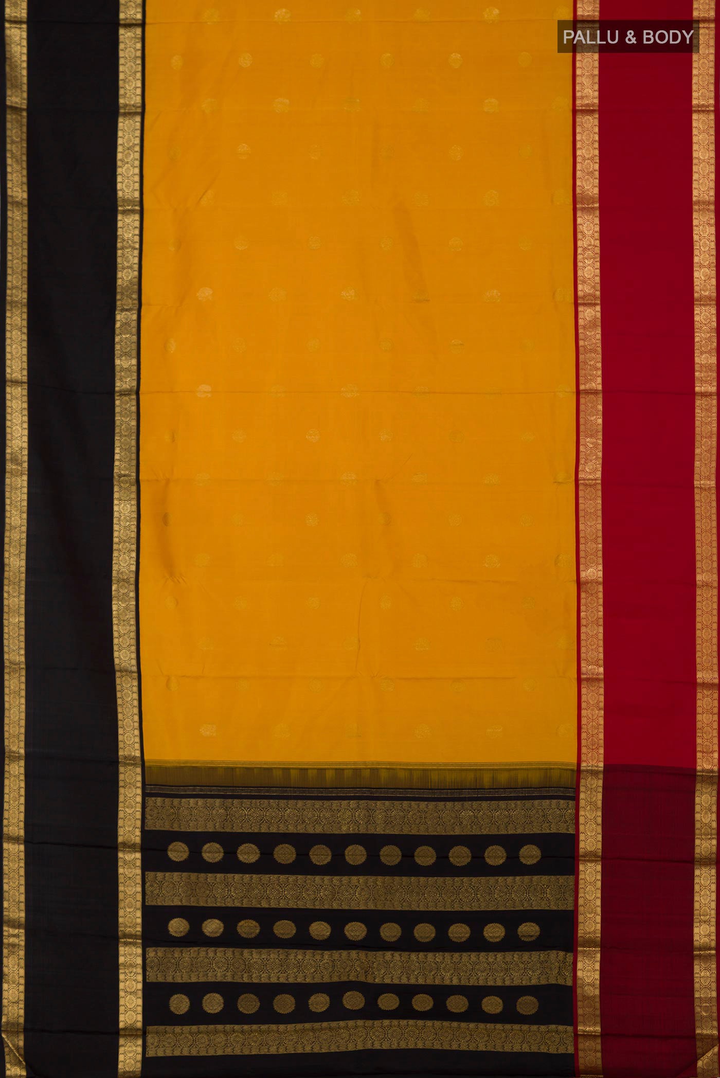 Flat view of Pure Silk Pure Zari Yellow Kanjivaram Saree with Zari Butta on the body and Ganga Jamuna Border. 