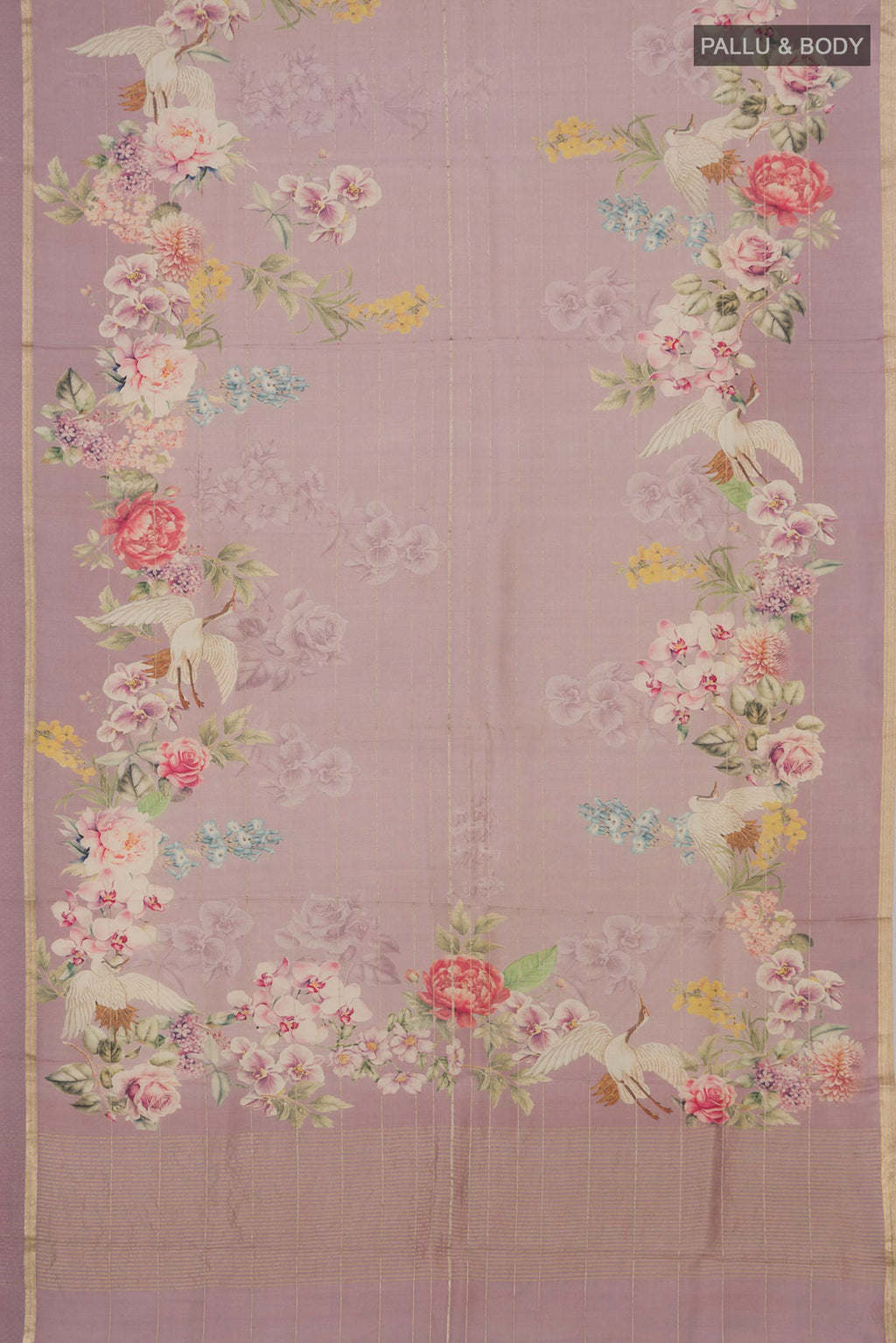 Flat view of Lavender Tussar Silk Saree with Fancy on the body and Thin Zari Line. 