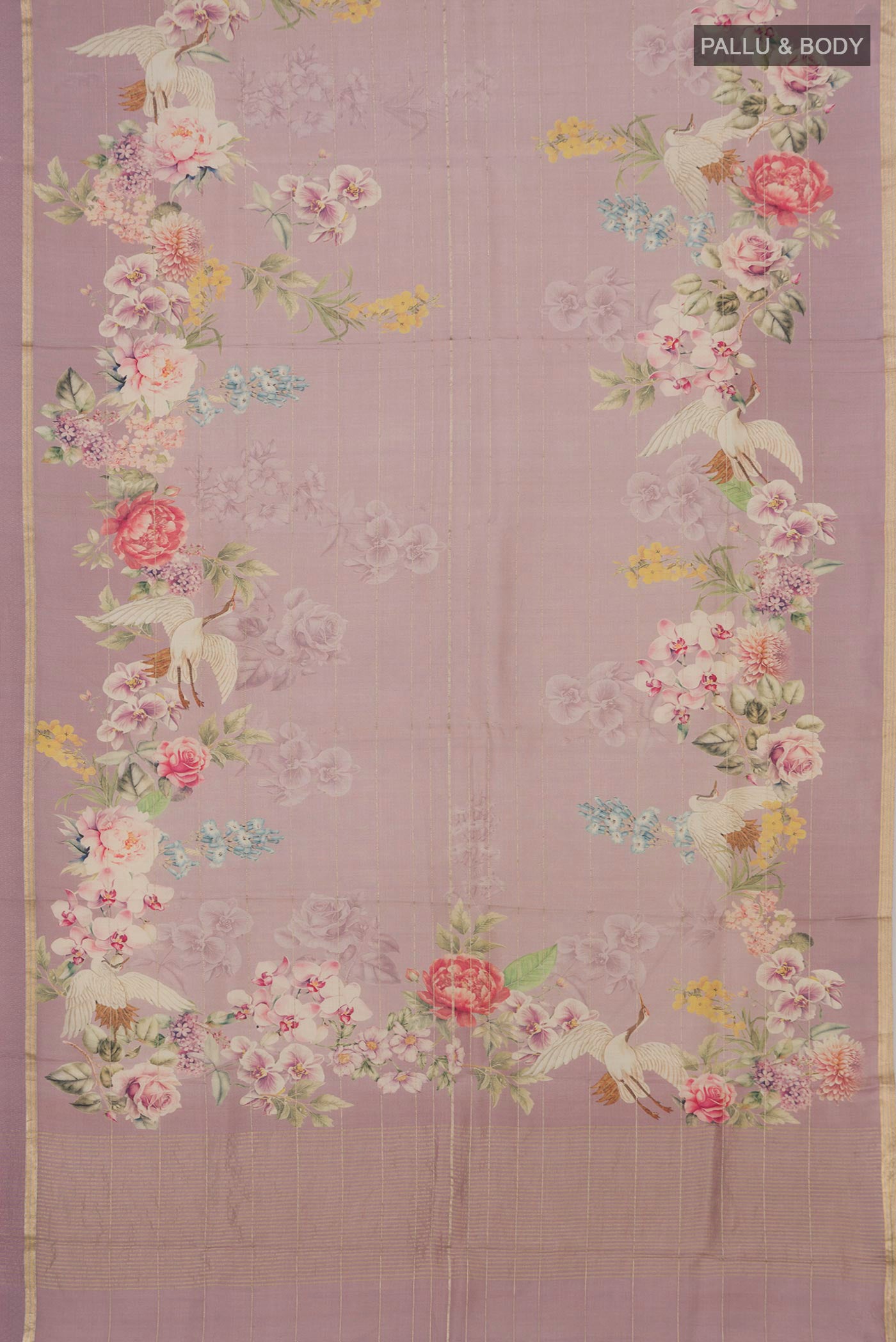 Flat view of Lavender Tussar Silk Saree with Fancy on the body and Thin Zari Line. 
