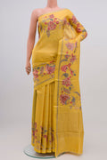 Yellow Tussar Silk Saree with Fancy on the body and Thin Zari Line.  displayed on a mannequin